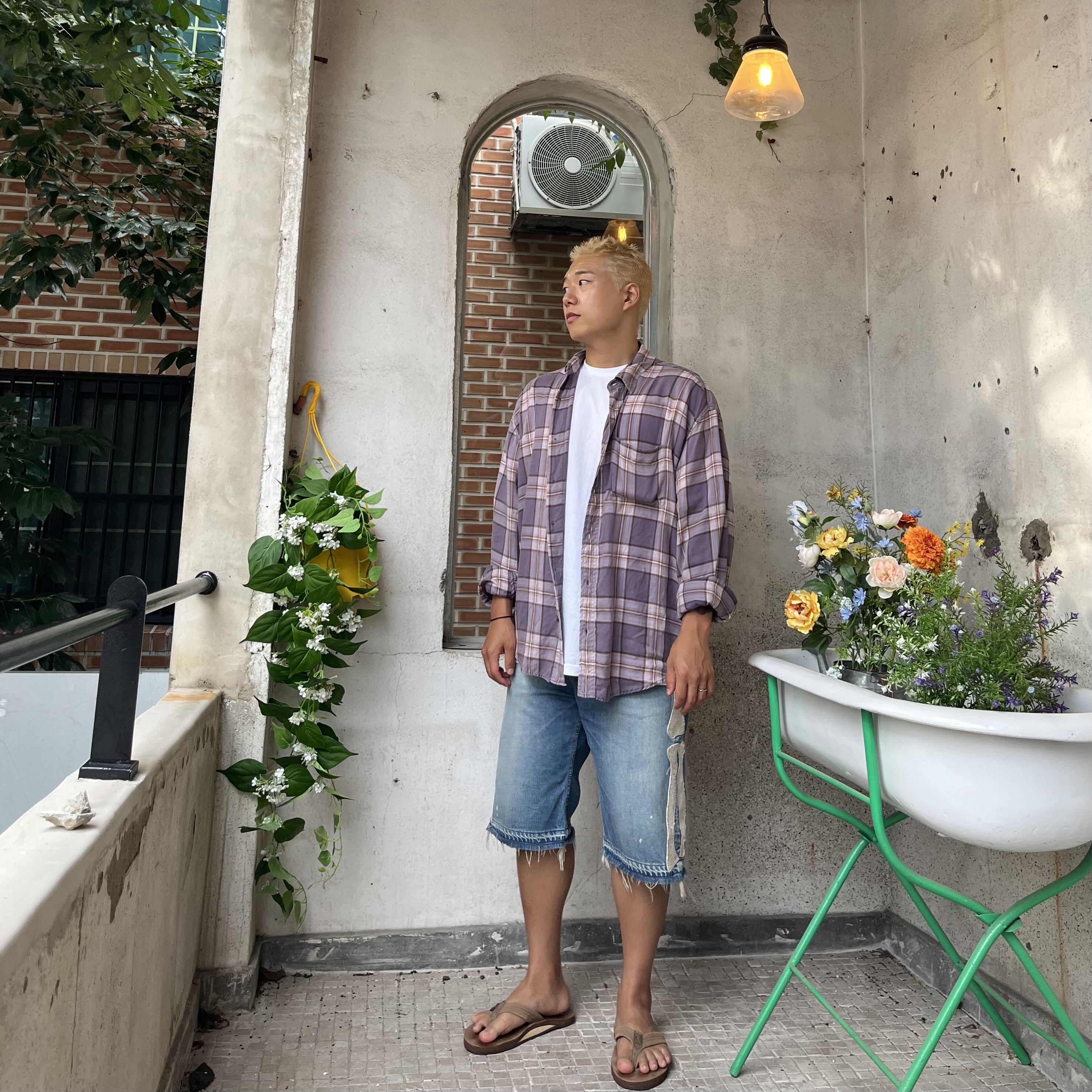 Kapital 14 oz. Denim 5P Bone Embroidery Short Pants Indigo (Processing) 착용 스타일 - 2