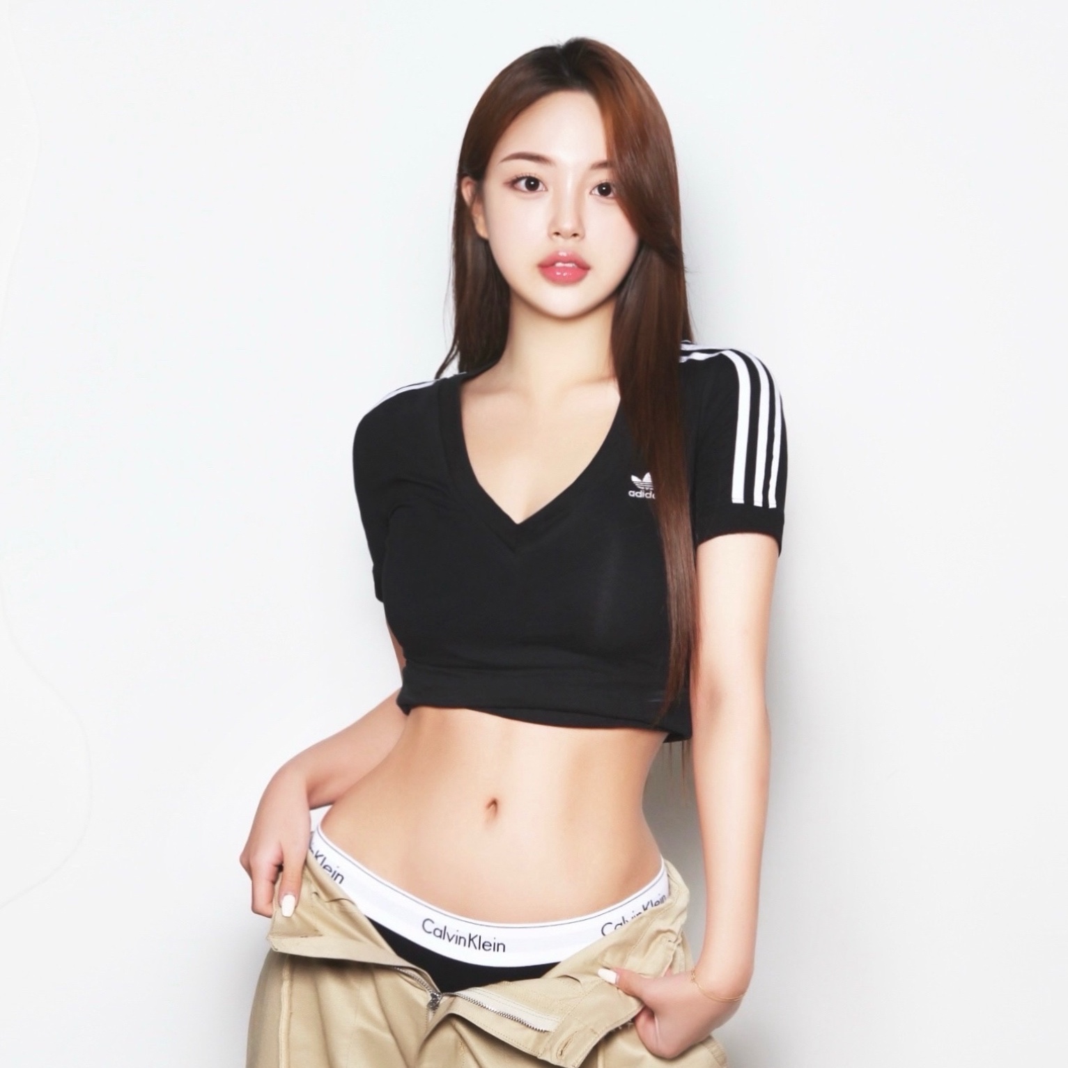 (W) Adidas 3-Stripes V-Neck Slim T-Shirt Black - KR Sizing 착용 스타일