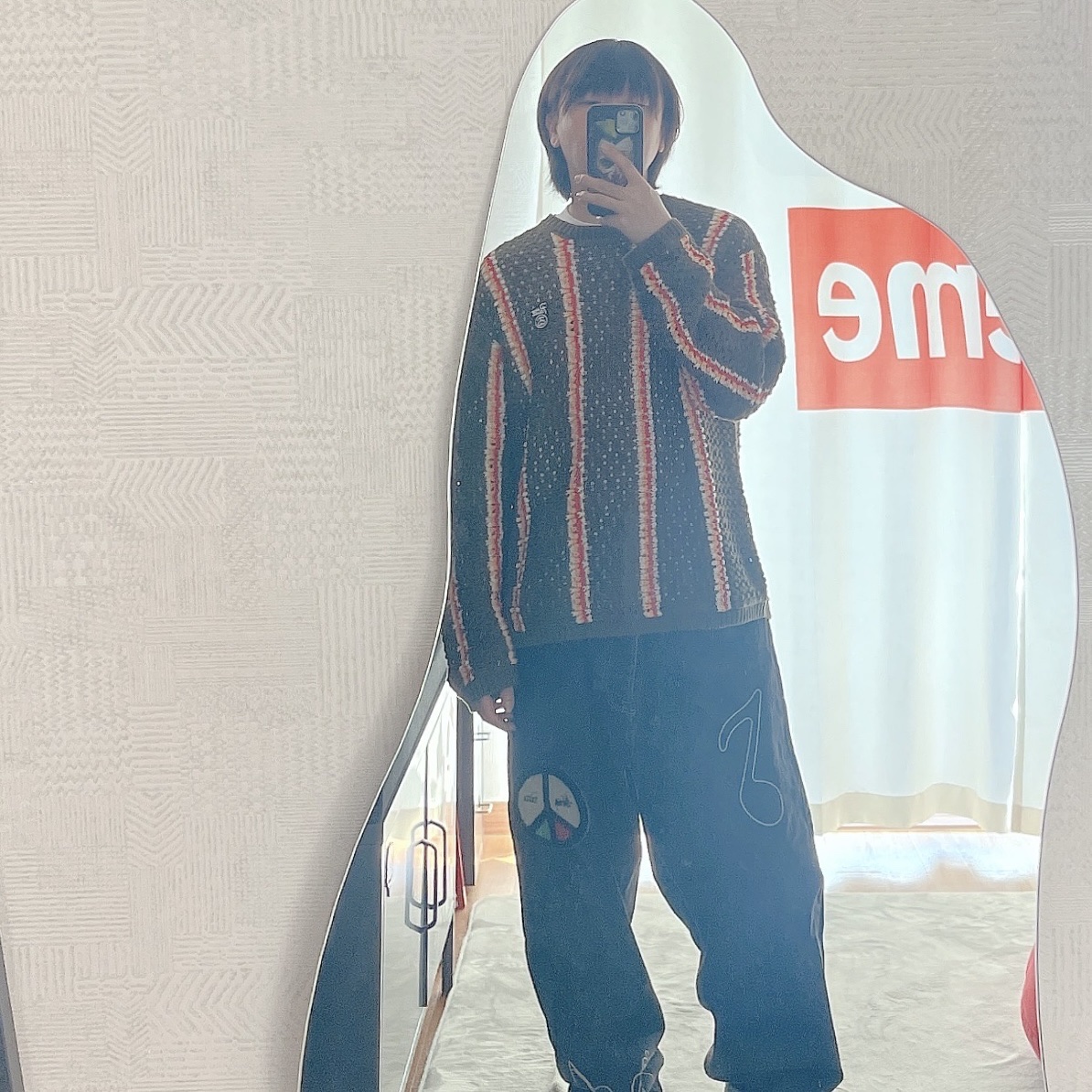 Stussy x Patta Striped Loose Gauge Sweater Olive, Stussy x Patta Big OL' Jean Black 착용 스타일