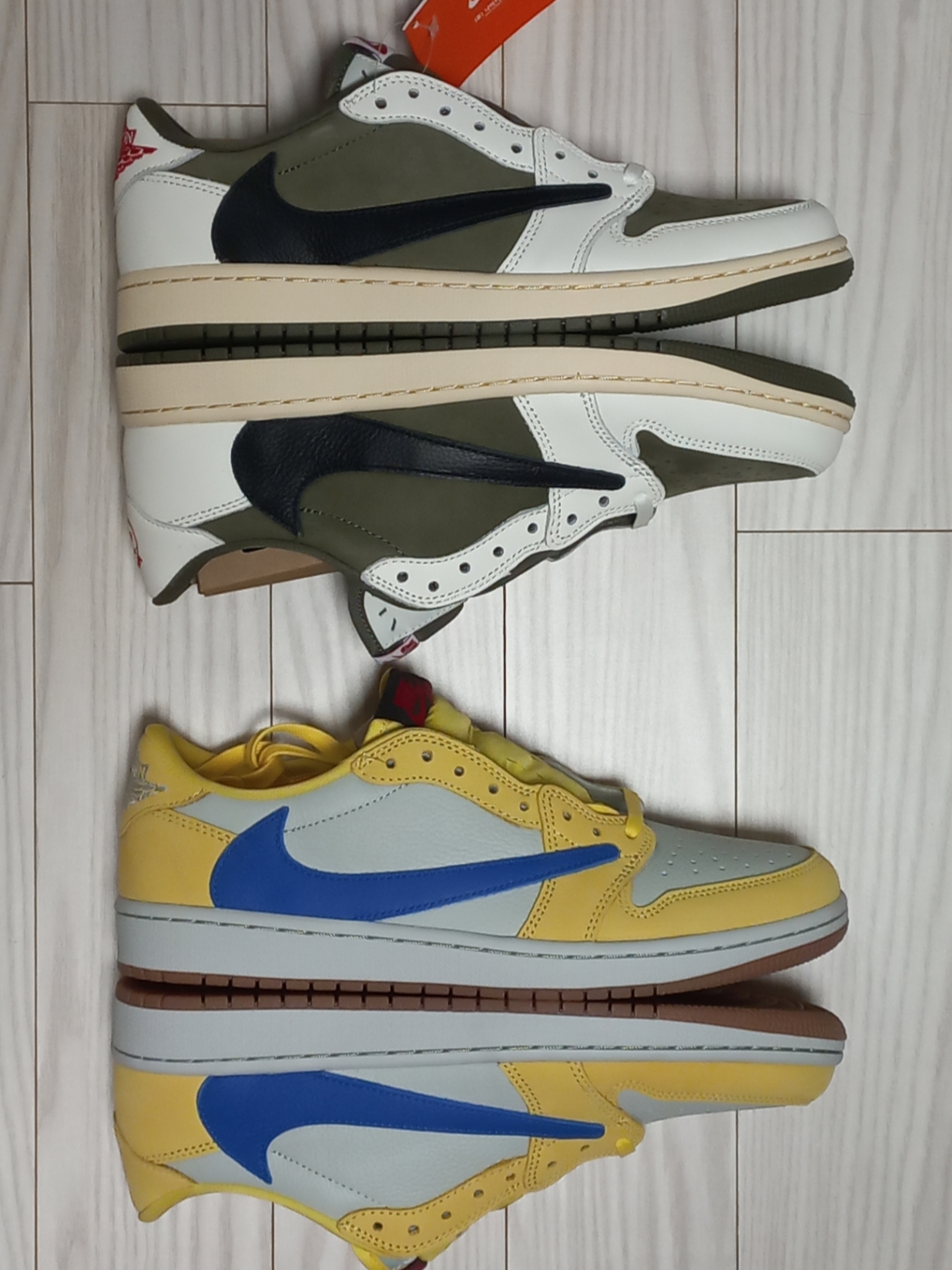 Jordan 1 x Travis Scott Retro Low OG SP Reverse Olive, (W) Jordan 1 x Travis Scott Retro Low OG SP Canary 착용 스타일 - 5