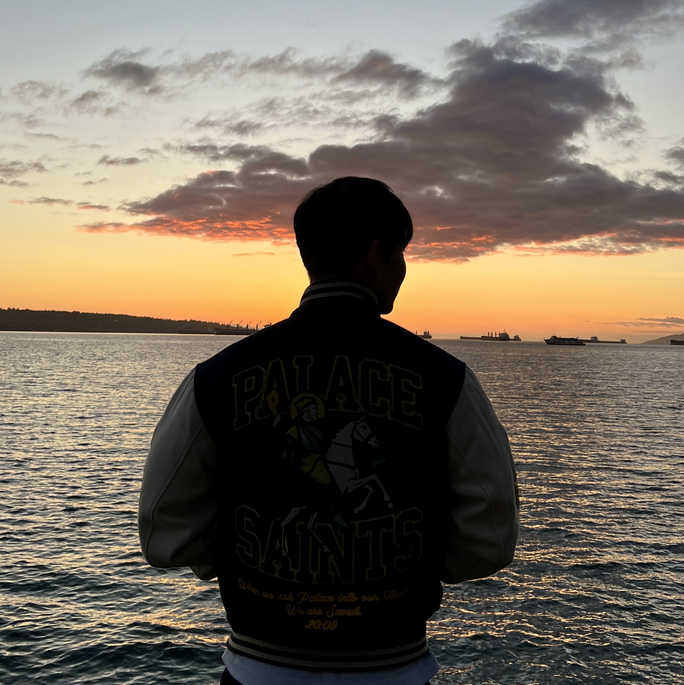 Palace Saints Varsity Jacket Navy - 24SS 착용 스타일