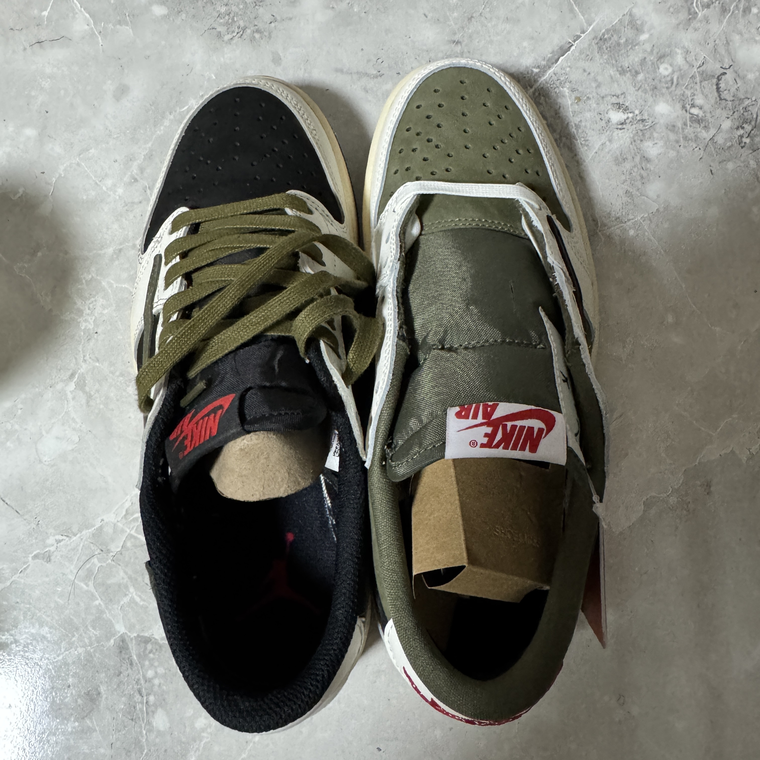 Jordan 1 x Travis Scott Retro Low OG SP Reverse Olive, (W) Jordan 1 x Travis Scott Retro Low OG SP Medium Olive 착용 스타일