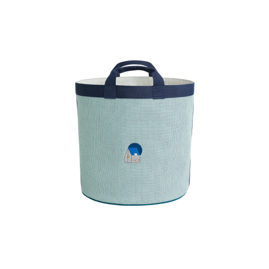 Hermes Les Cabanes Basket Large Herringbone Canvas & Marine Menthe