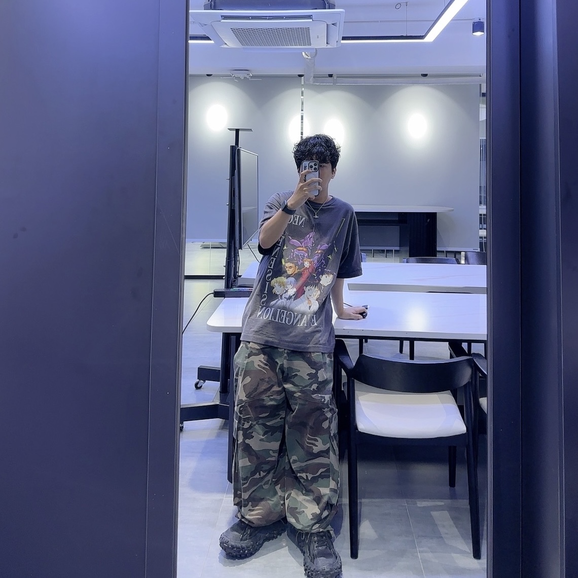 Saint Mxxxxxx x Evangelion Neon S/S T-Shirt Black, Undermycar Mu.51 Anti Fxxking Logo Play Big Cargo Camo Pants Camo Khaki 착용 스타일
