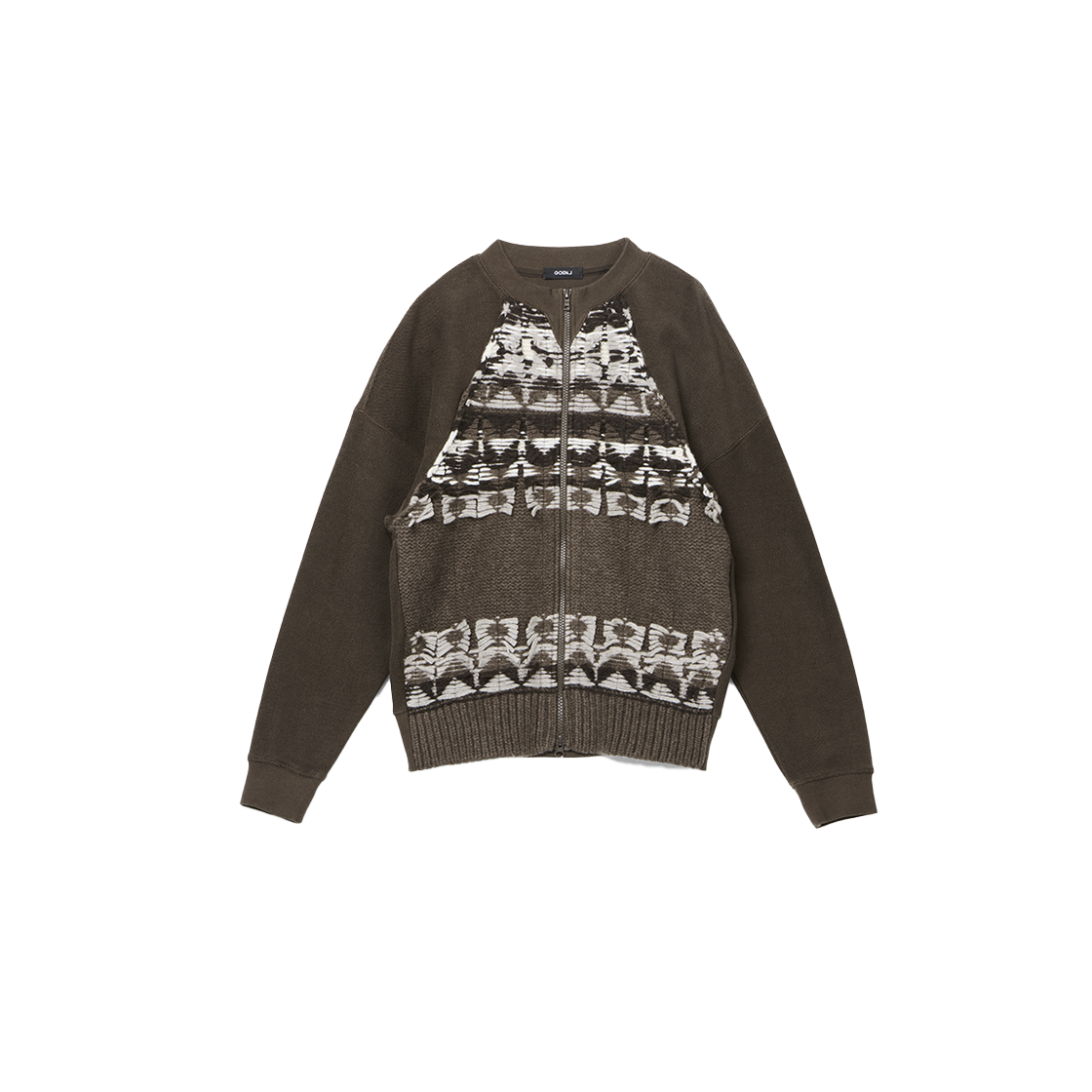 고엔제이 리버스 콘트라스트 니트 패널 집업 스웨트셔츠 브라운