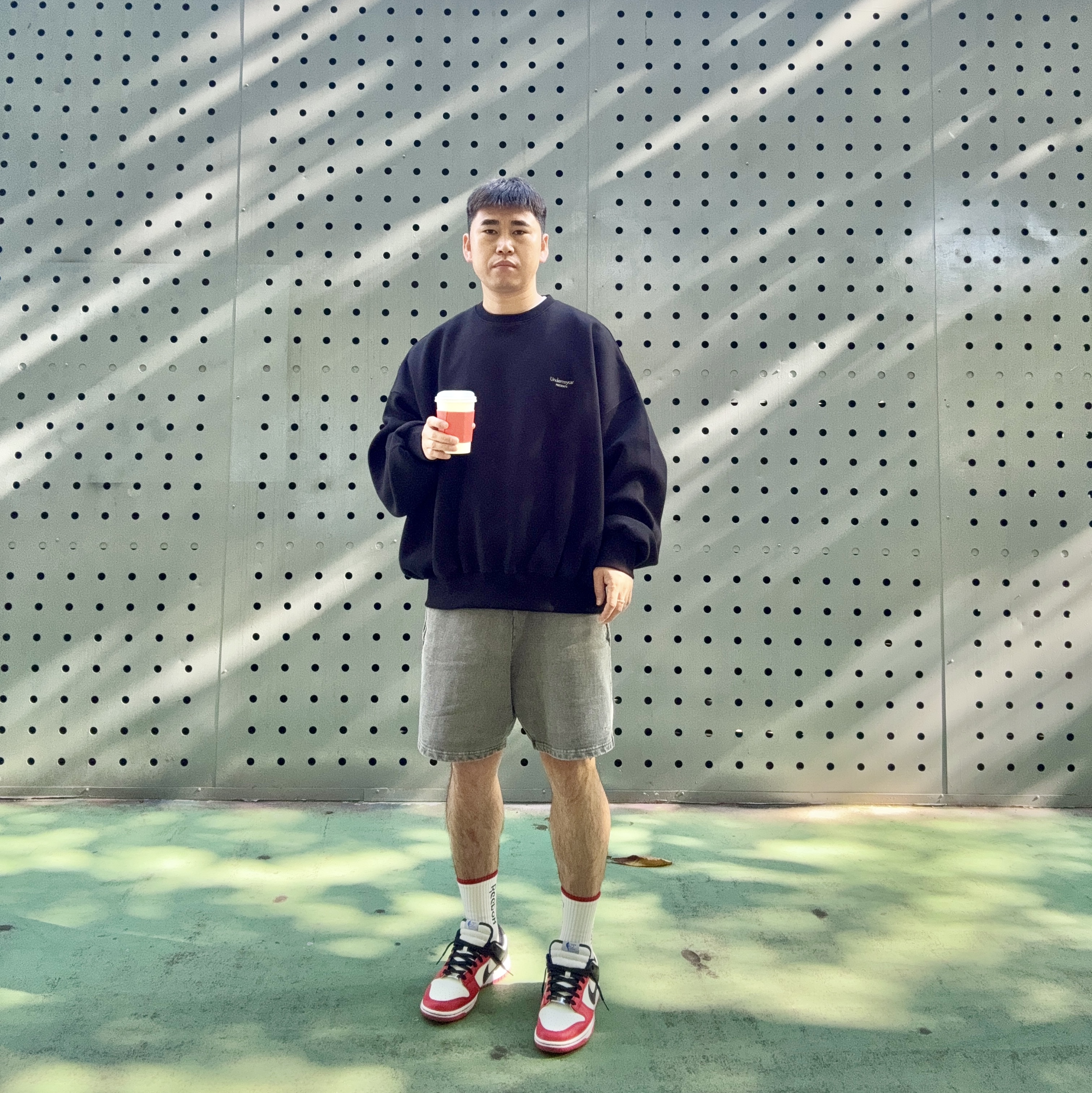 Undermycar Mu.14 Anti Fxxking Logo Play Oversized Bonded Sweat Shirts Black, Nike x NBA Dunk Low Retro EMB Black and Chile Red 착용 스타일