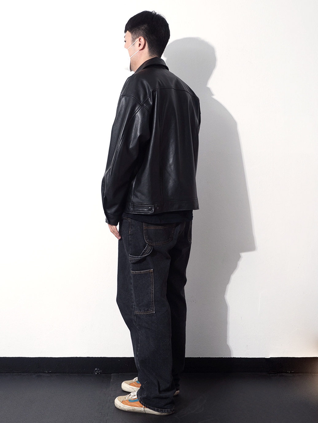 QT8 Garments TL Synthetic Leather Single Jacket Black, QT8 Garments TL Denim Carpenter Pant Black 착용 스타일 - 2