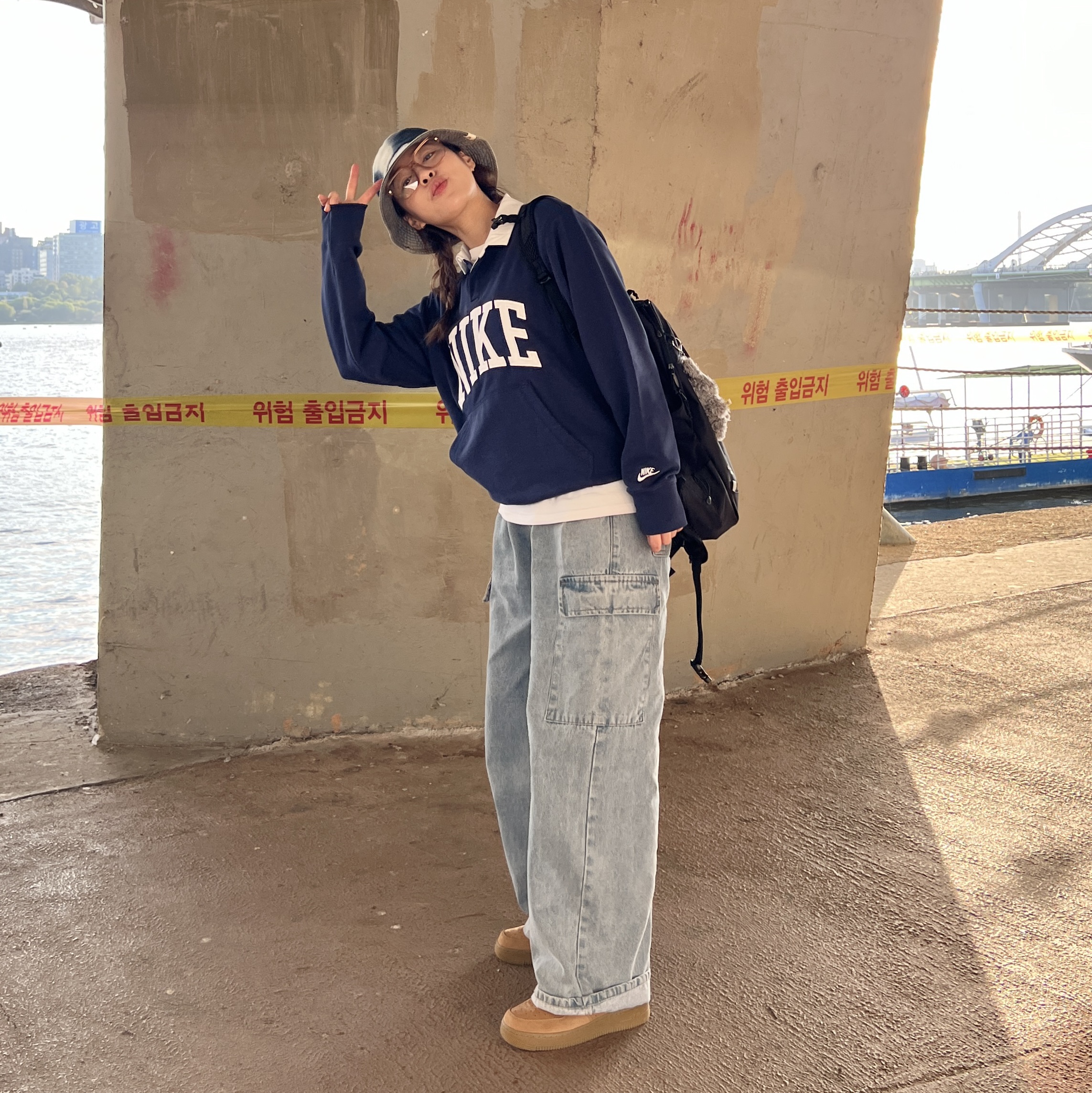 (W) Nike Air Force 1 '07 WB Flax Wheat, Nike Club Fleece Long Sleeve Fleece Polo Midnight Navy - Asia 착용 스타일 - 1