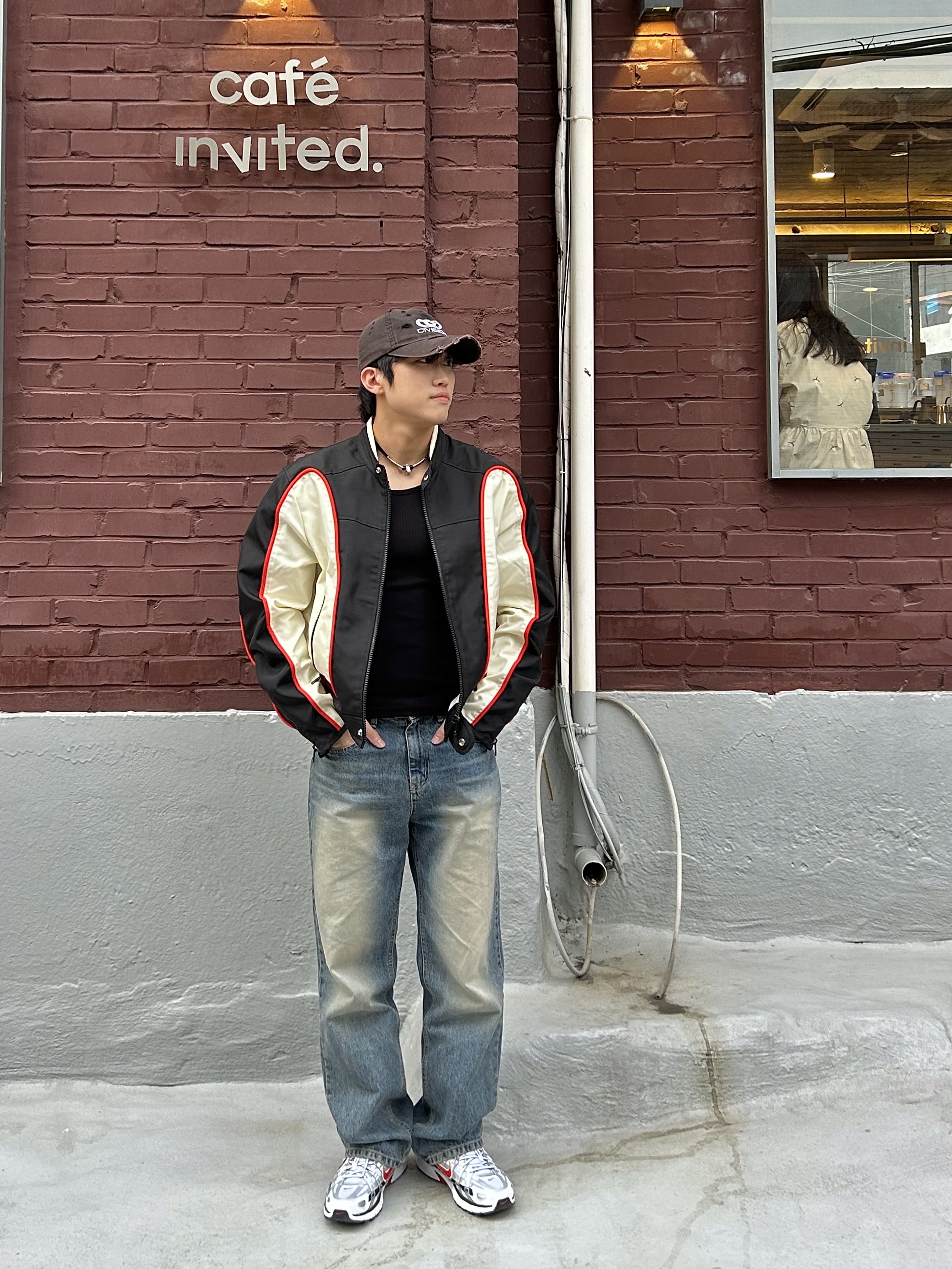 Diesel J-Blink Biker Jacket in Colour-Block Nylon Black White, Nike P-6000 White Varsity Red 착용 스타일 - 2