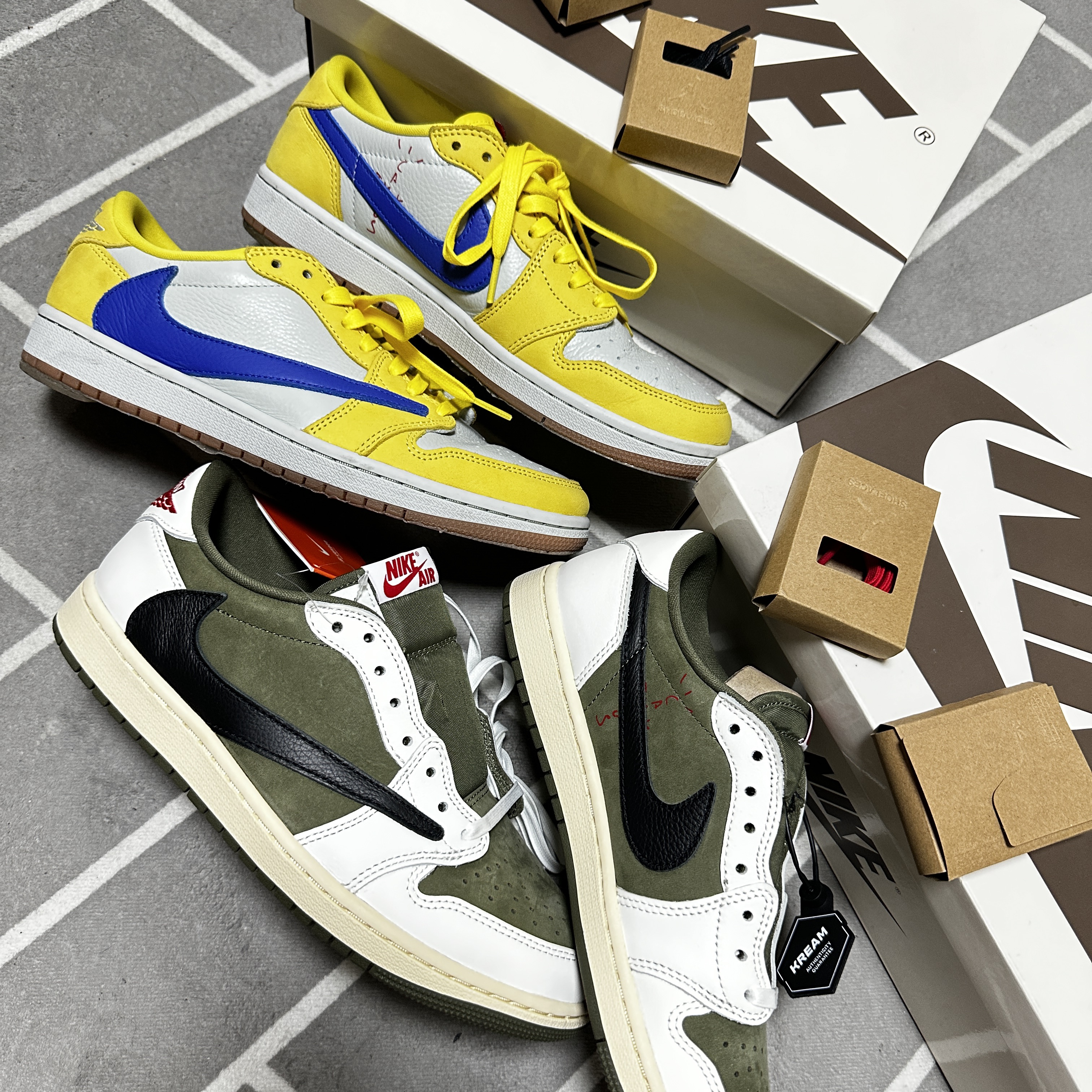 Jordan 1 x Travis Scott Retro Low OG SP Reverse Olive, (W) Jordan 1 x Travis Scott Retro Low OG SP Canary 착용 스타일 - 5
