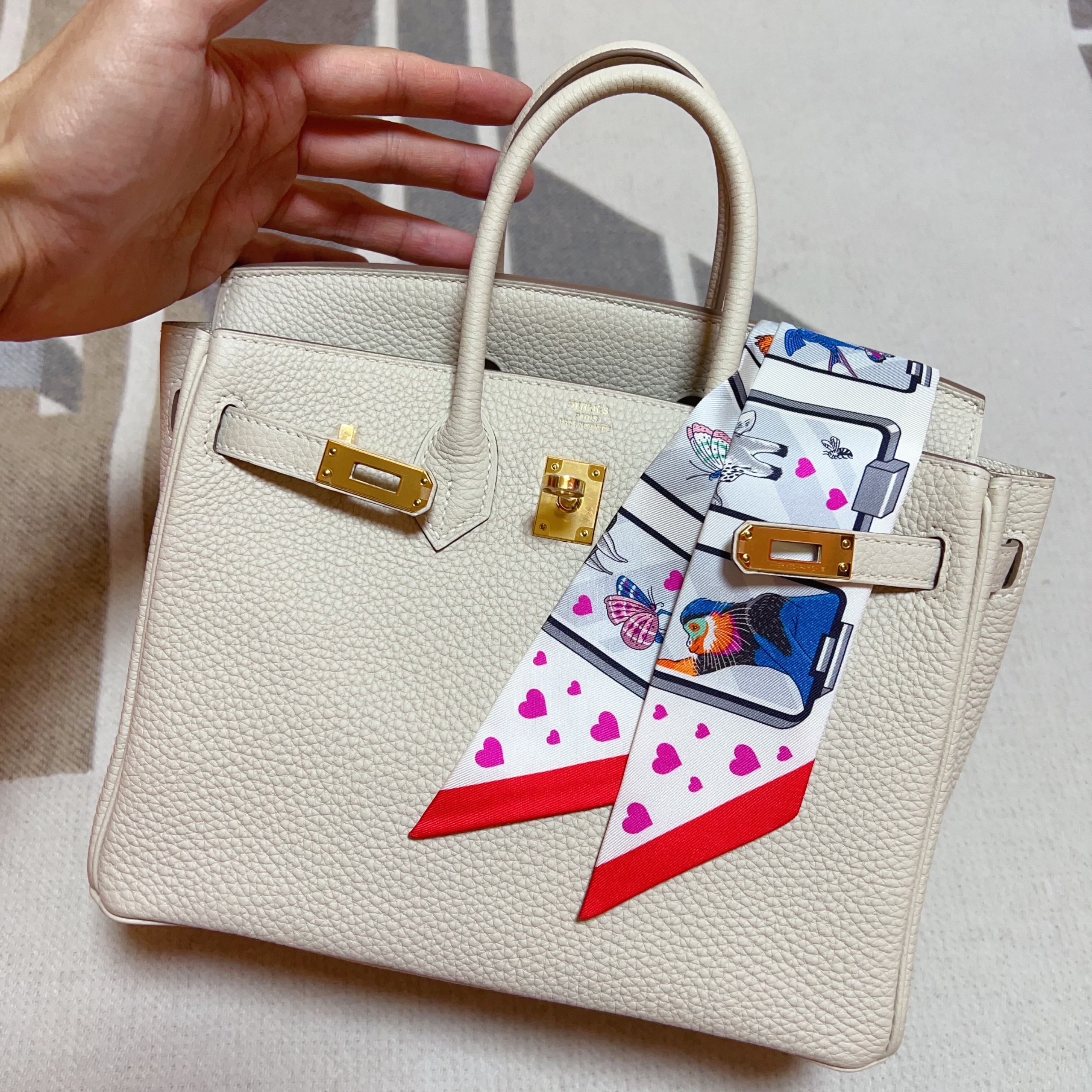 (W) Hermes Story Twilly Blanc Gris Rouge, Hermes Picotin Lock 18 Bag Clemence & Palladium Rose Sakura 착용 스타일 - 3
