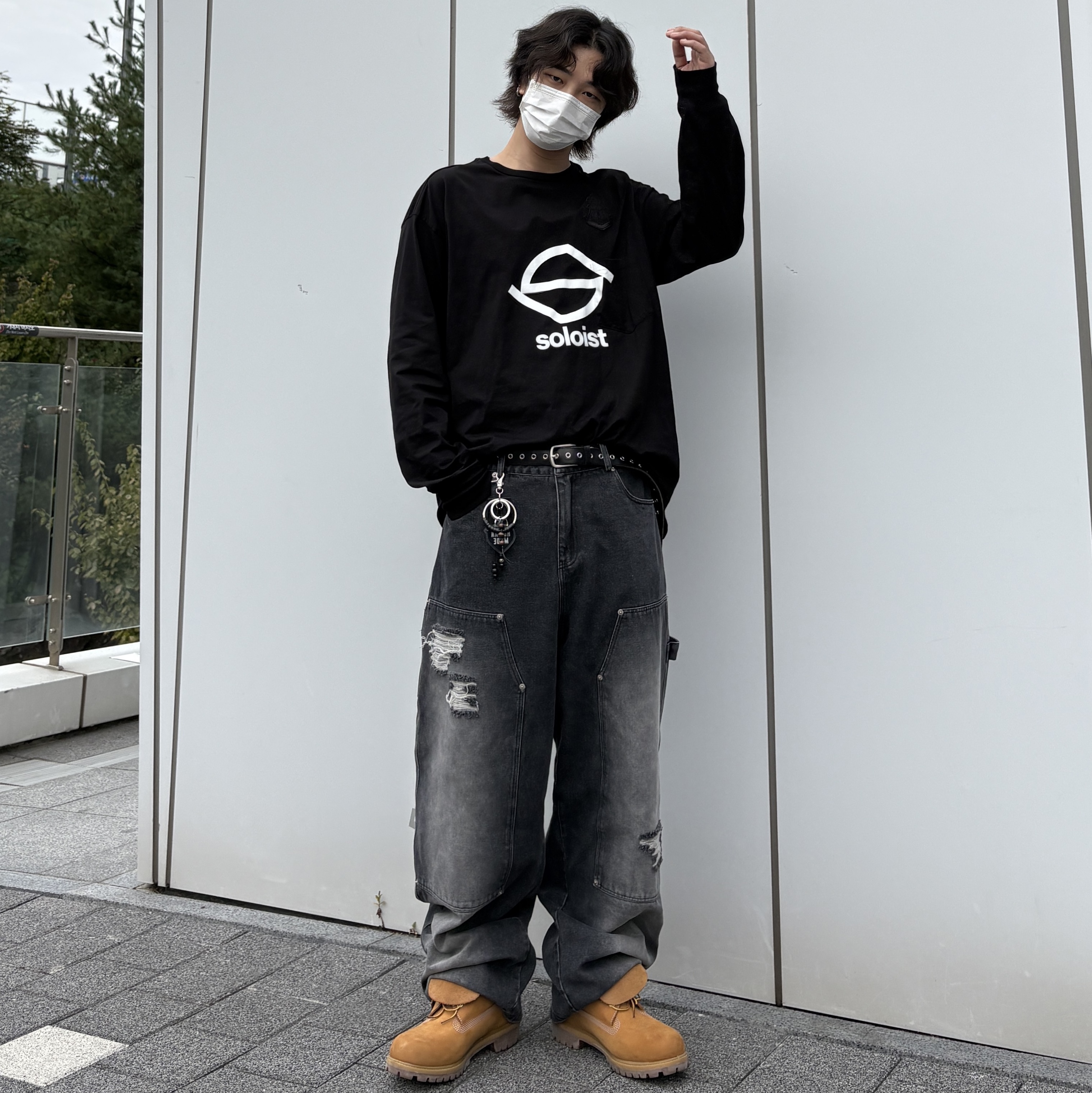 Flavorism Double Knee Carpenter Wide Denim Pants Black, Timberland Premium 6 inch Waterproof Boot Wheat Nubuck - Wide 착용 스타일