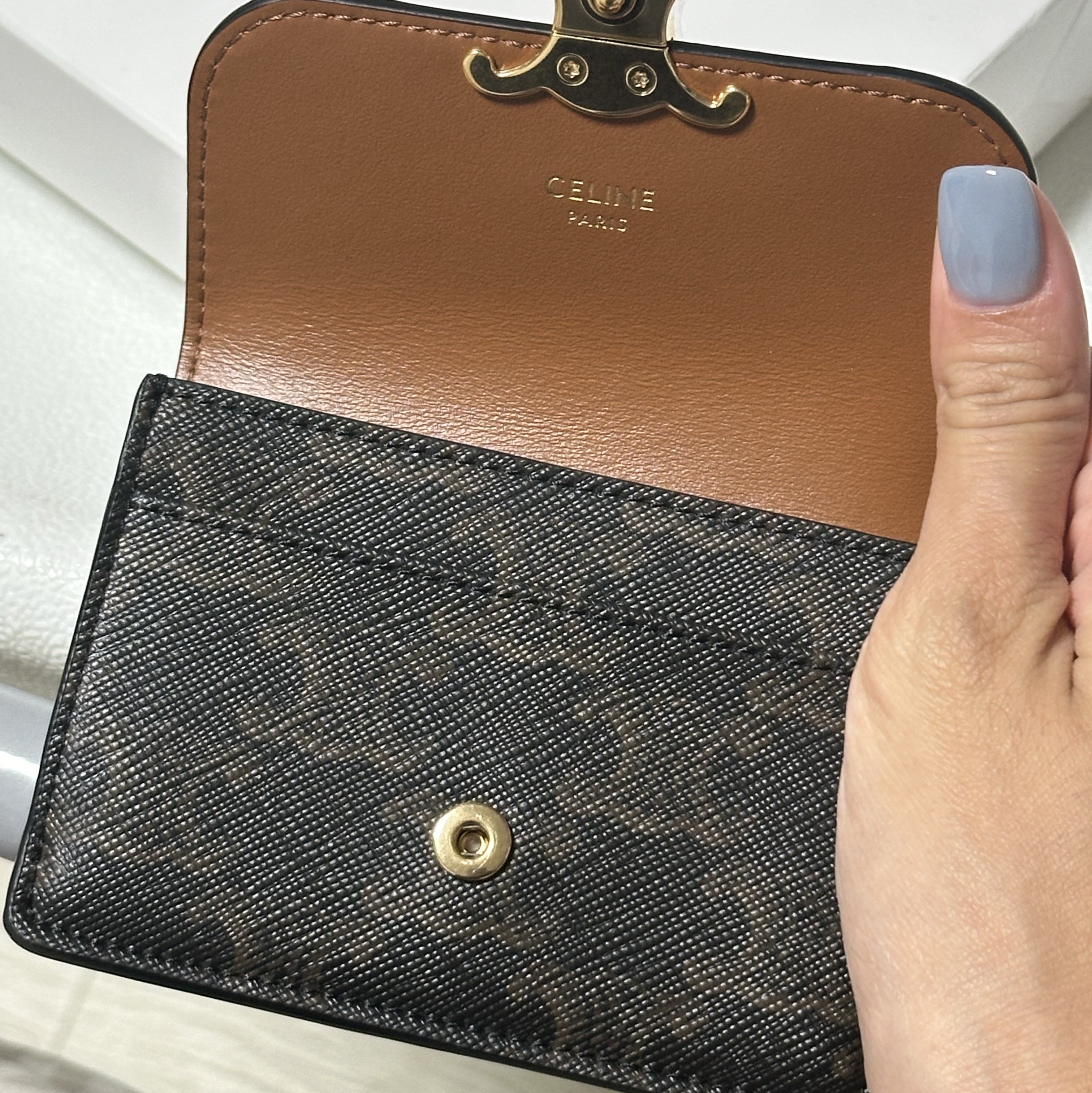 Celine Card Holder with Flap in Triomphe Canvas Tan 착용 스타일 - 4