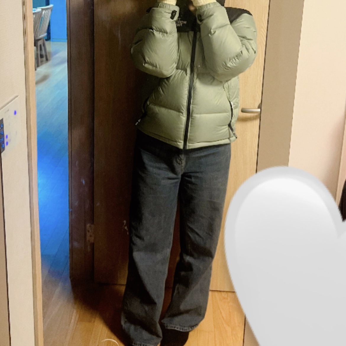 The North Face 1996 Eco Nuptse Jacket Tea 착용 스타일