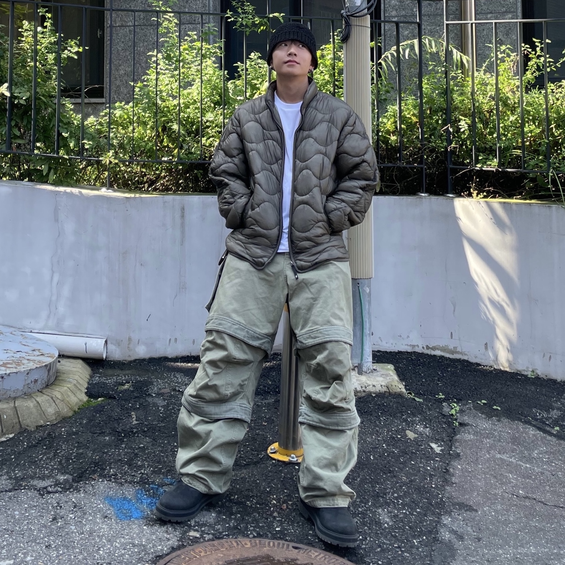 Farfromwhat Far Layered Work Pants Olive 착용 스타일