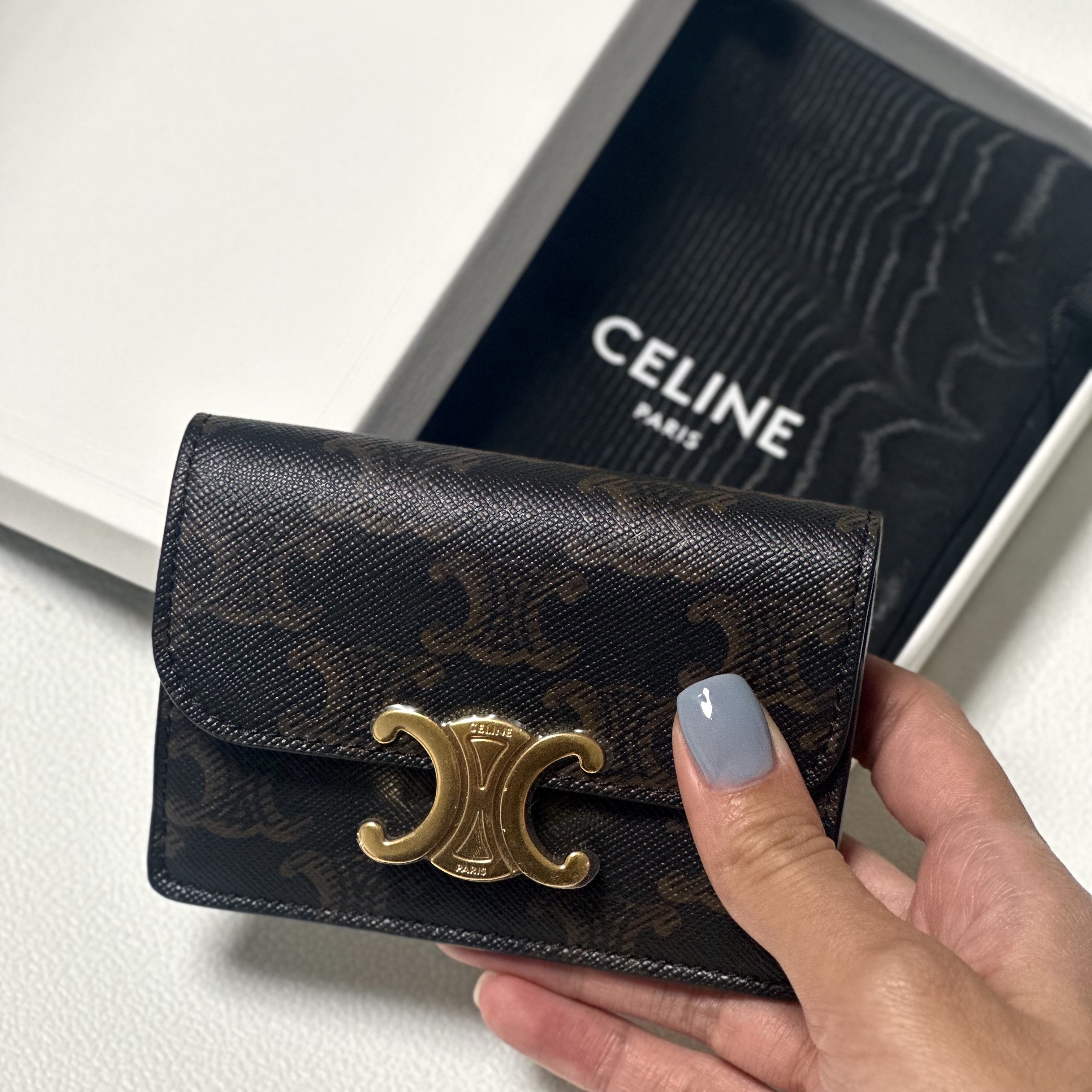Celine Card Holder with Flap in Triomphe Canvas Tan 착용 스타일 - 1