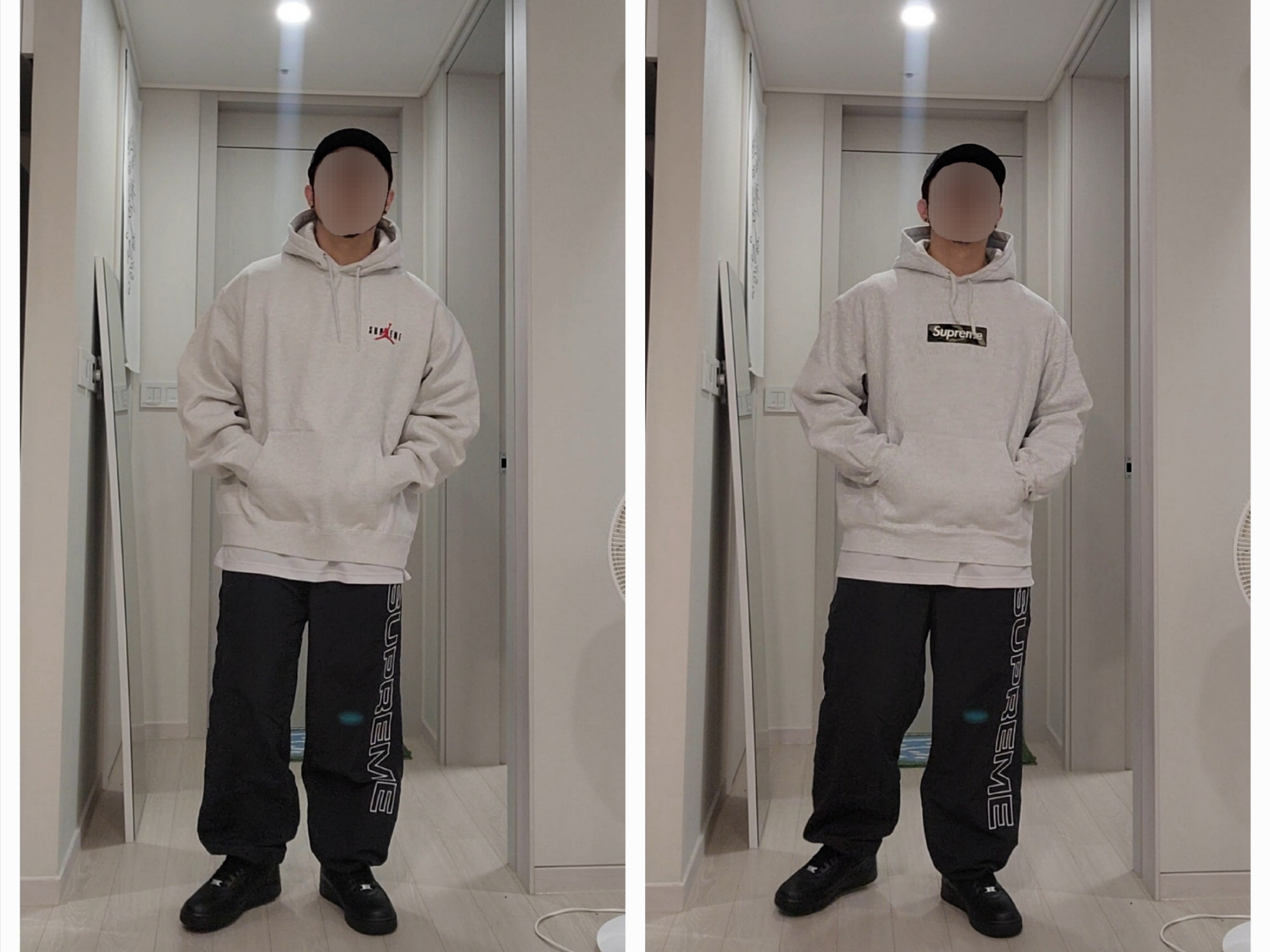Supreme x Jordan Hooded Sweatshirt Ash Grey - 24FW, Supreme Box Logo Hooded Sweatshirt Ash Grey - 23FW 착용 스타일 - 2