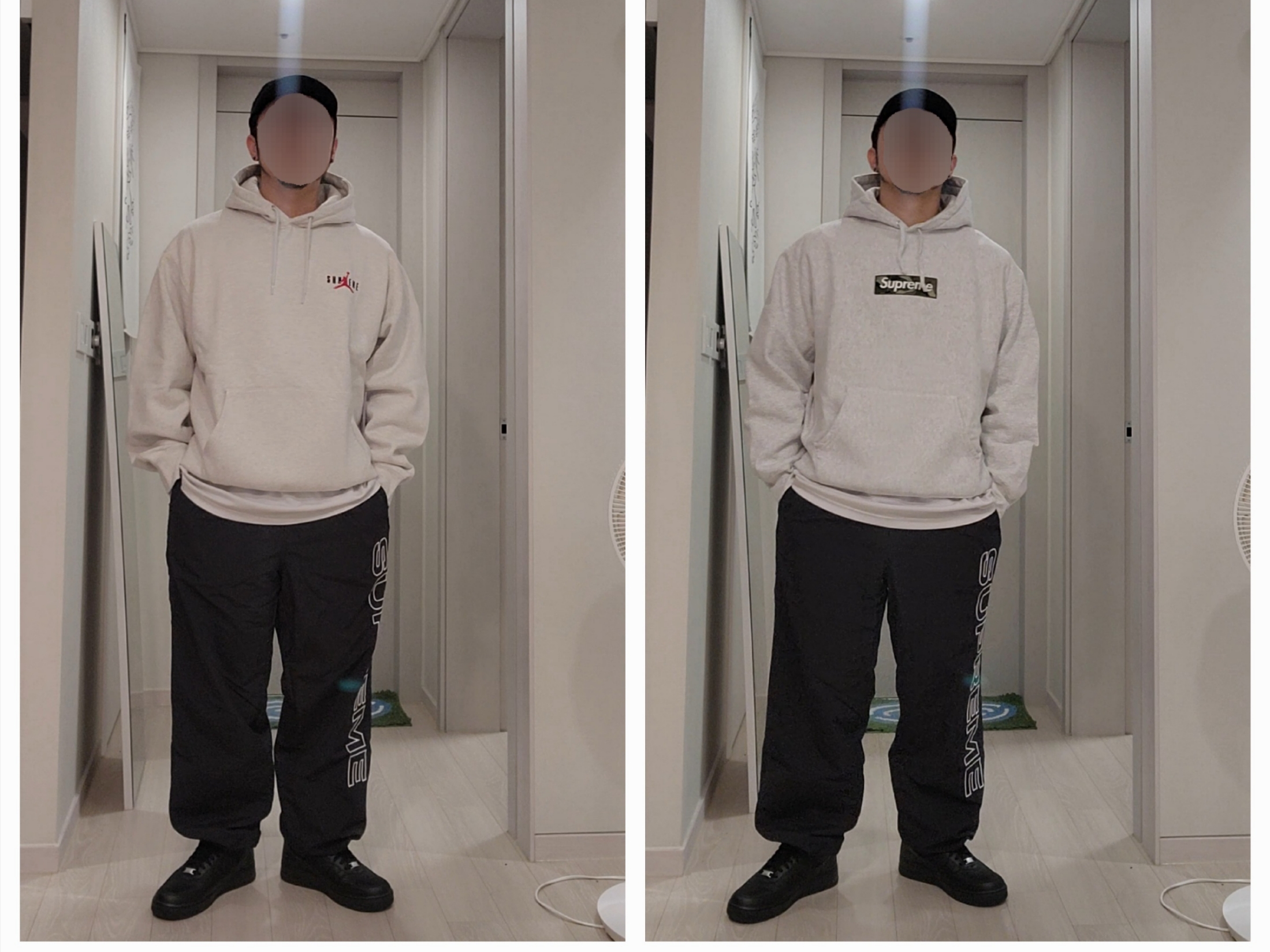 Supreme x Jordan Hooded Sweatshirt Ash Grey - 24FW, Supreme Box Logo Hooded Sweatshirt Ash Grey - 23FW 착용 스타일 - 1
