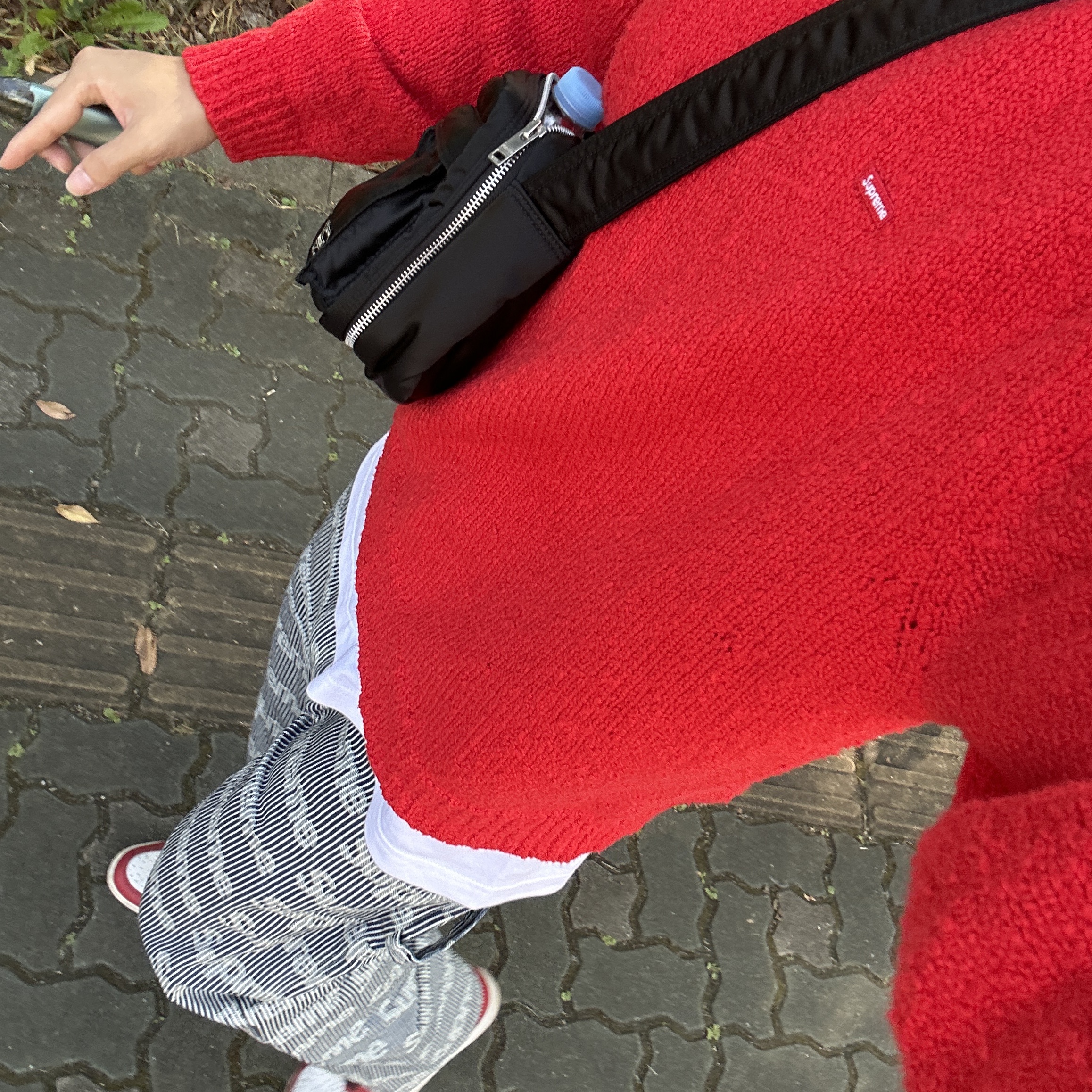 Supreme Denim Painter Pants Stripe - 24SS, Supreme Boucle Small Box Sweater Red - 24SS 착용 스타일