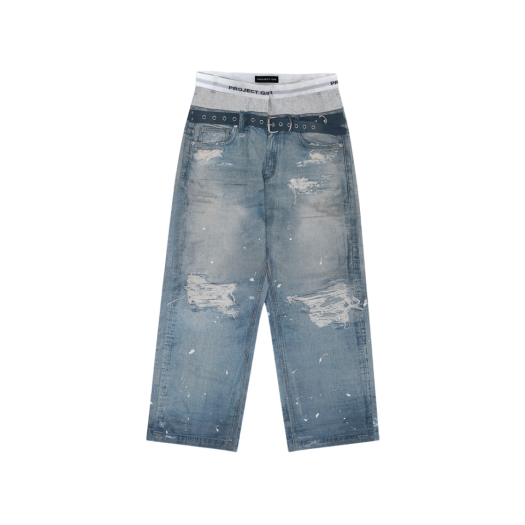 Project G/R Trompe-L’Oeil Denim Printed Pants Blue