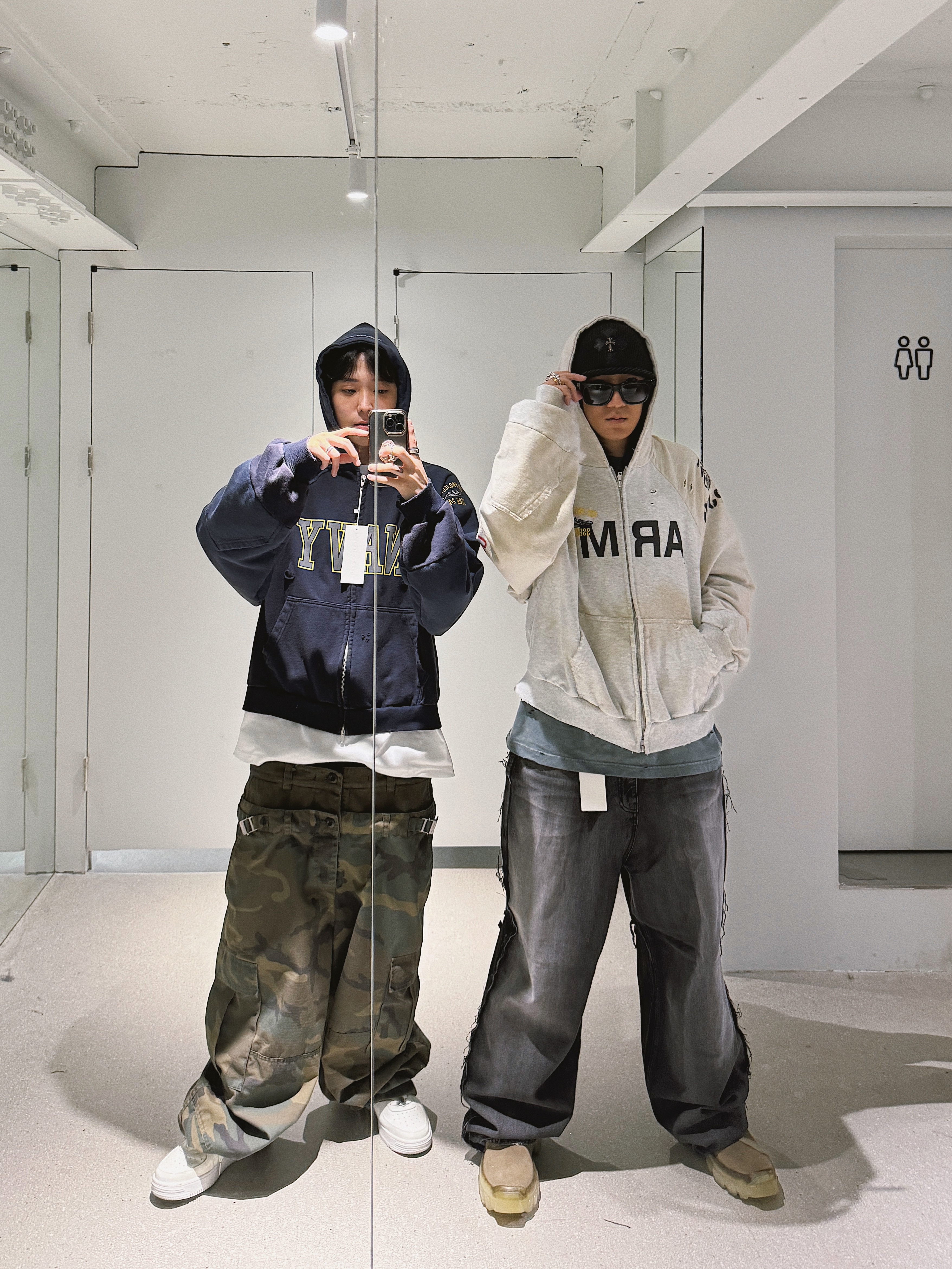 Project G/R Reconstructed Folded Zip Hoodie Dirty Melange, Project G/R 3 Layered Cargo Pants Camo 착용 스타일 - 3