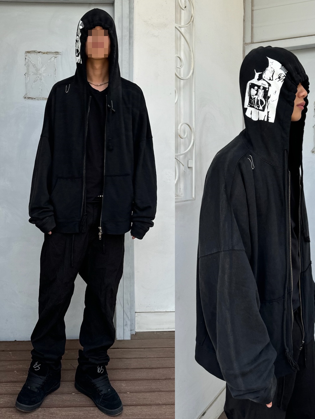 Ecrzn Duffle Duo Hood Zip-Up Black, Ecrzn Curved Baggy Pants Black 착용 스타일 - 2