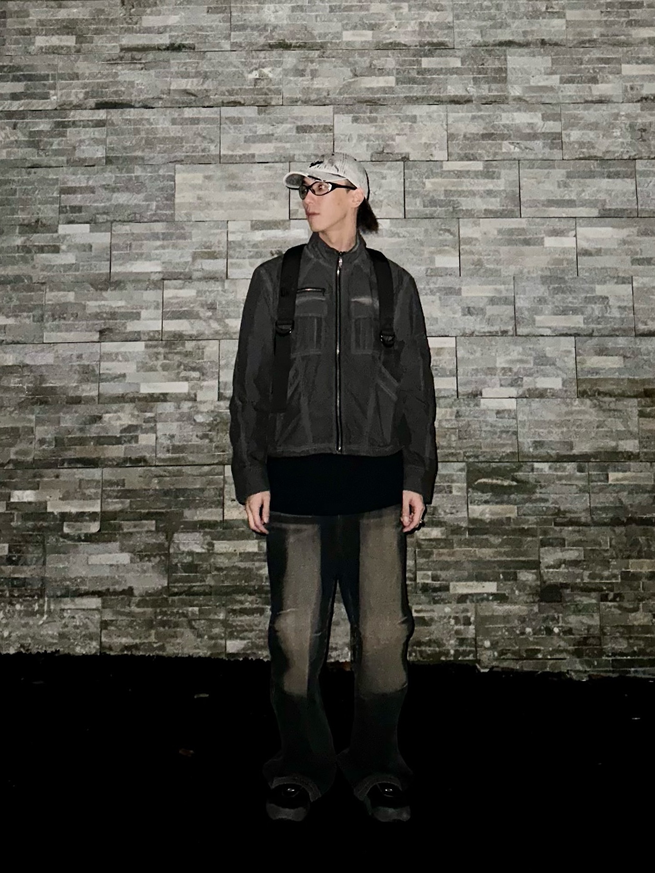 BLR Dyed Multi Pocket Nylon Work Jacket Grey, BLR Dusk Parachute Wide Denim Pants Blue 착용 스타일