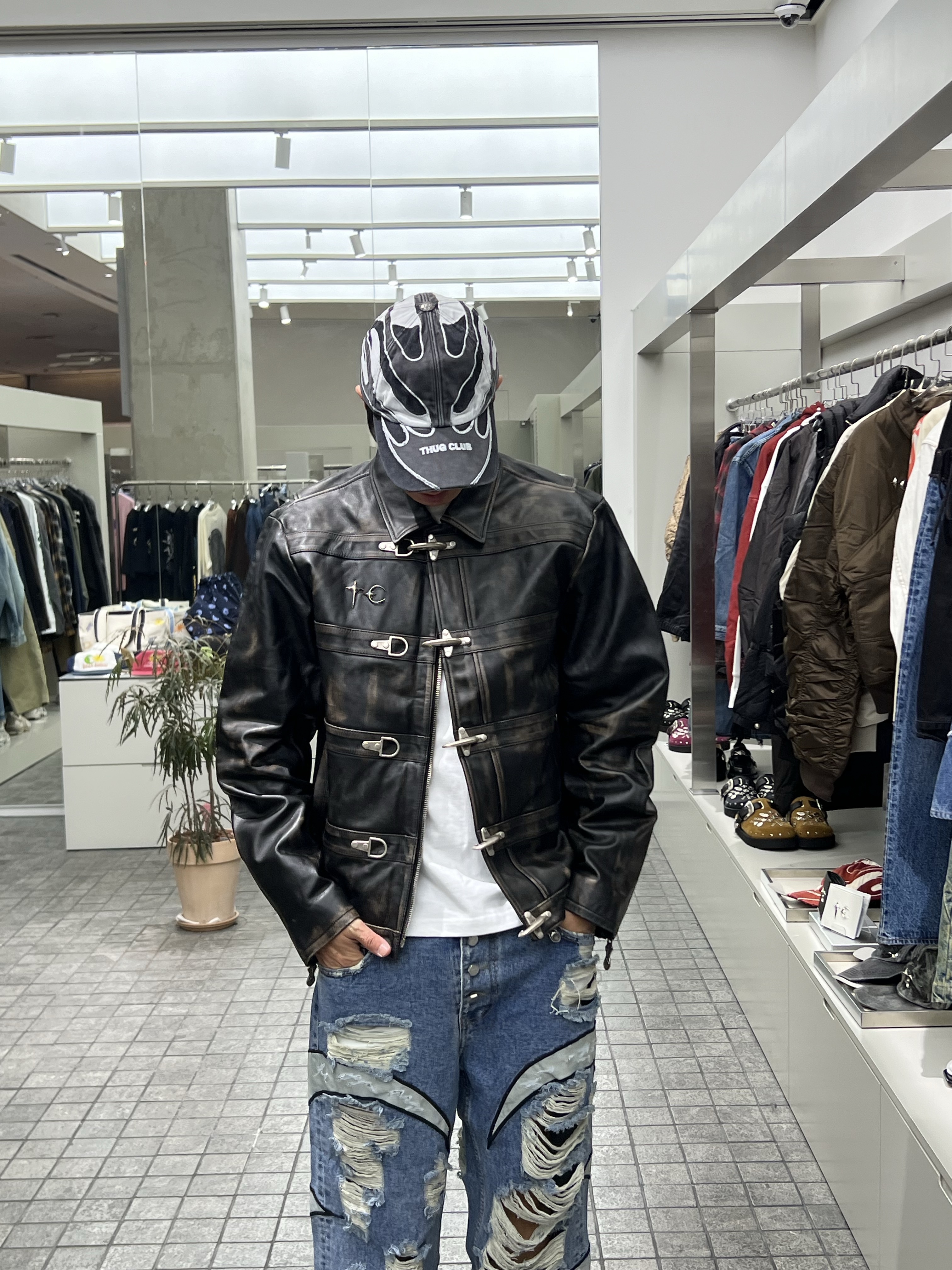 Thug Club TC Leather Washing Denim Pants (War Ver.) Blue - 24FW, Thug Club Bio Soldier Leather Jacket Black - 24FW 착용 스타일 - 1