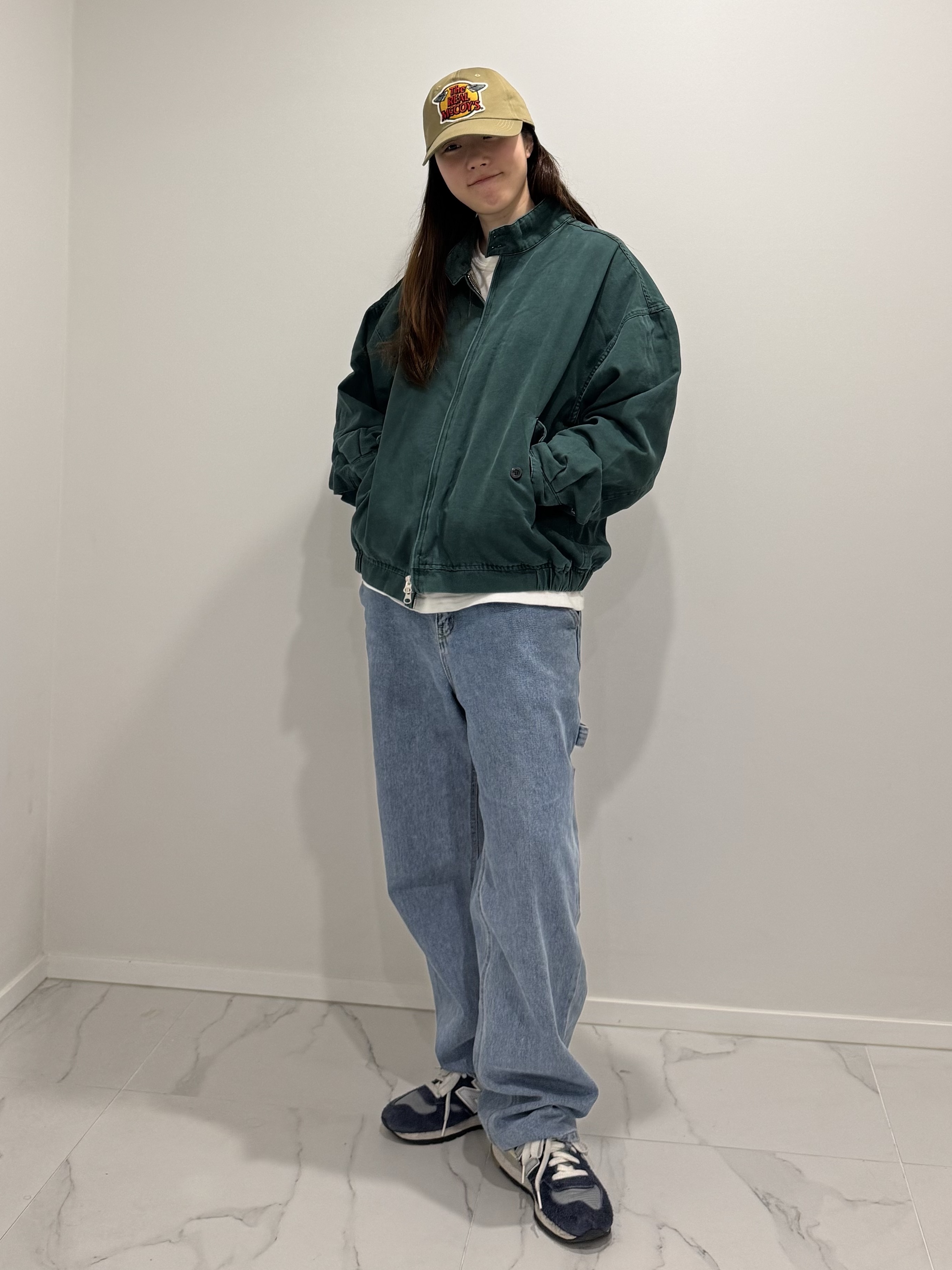 QT8 GARMENTS TL Washed Oxford Harrington Jacket Dark Green, QT8 Garments TL Denim Carpenter Pant Blue 착용 스타일 - 1