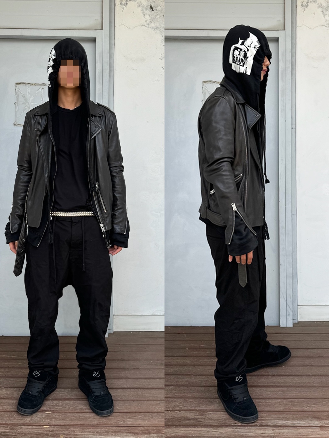 Ecrzn Duffle Duo Hood Zip-Up Black, Ecrzn Curved Baggy Pants Black 착용 스타일 - 1