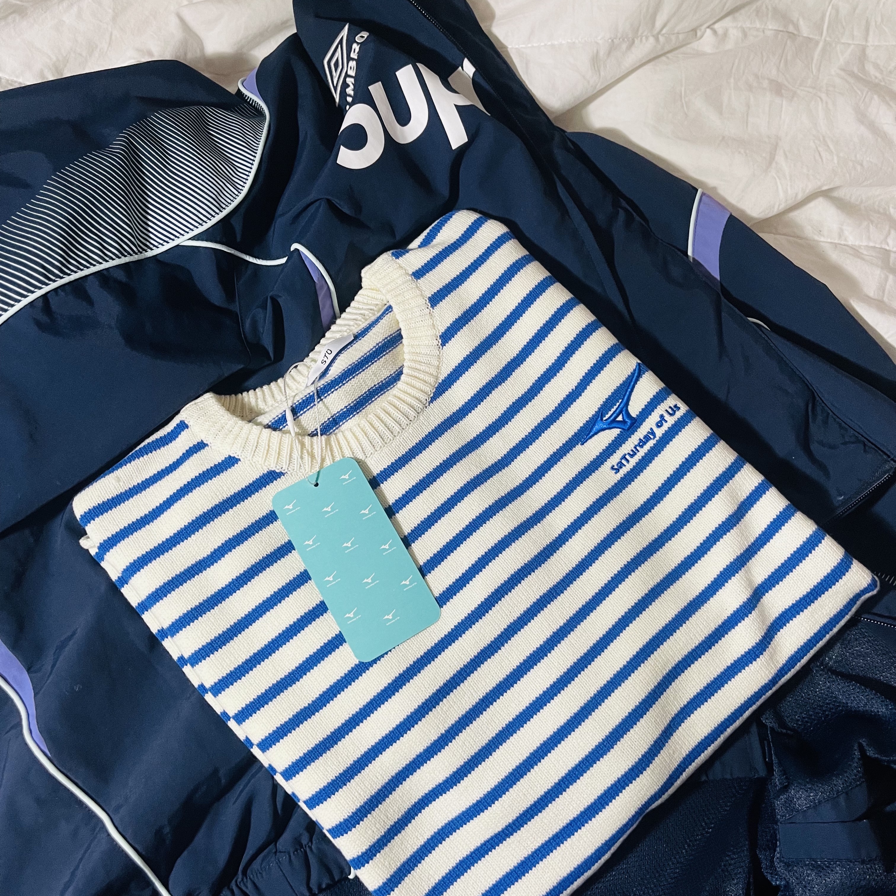 STU X MIZUNO Stripe Knit Ivory, Converse One Star Pro Flower Light Orchid 착용 스타일 - 1