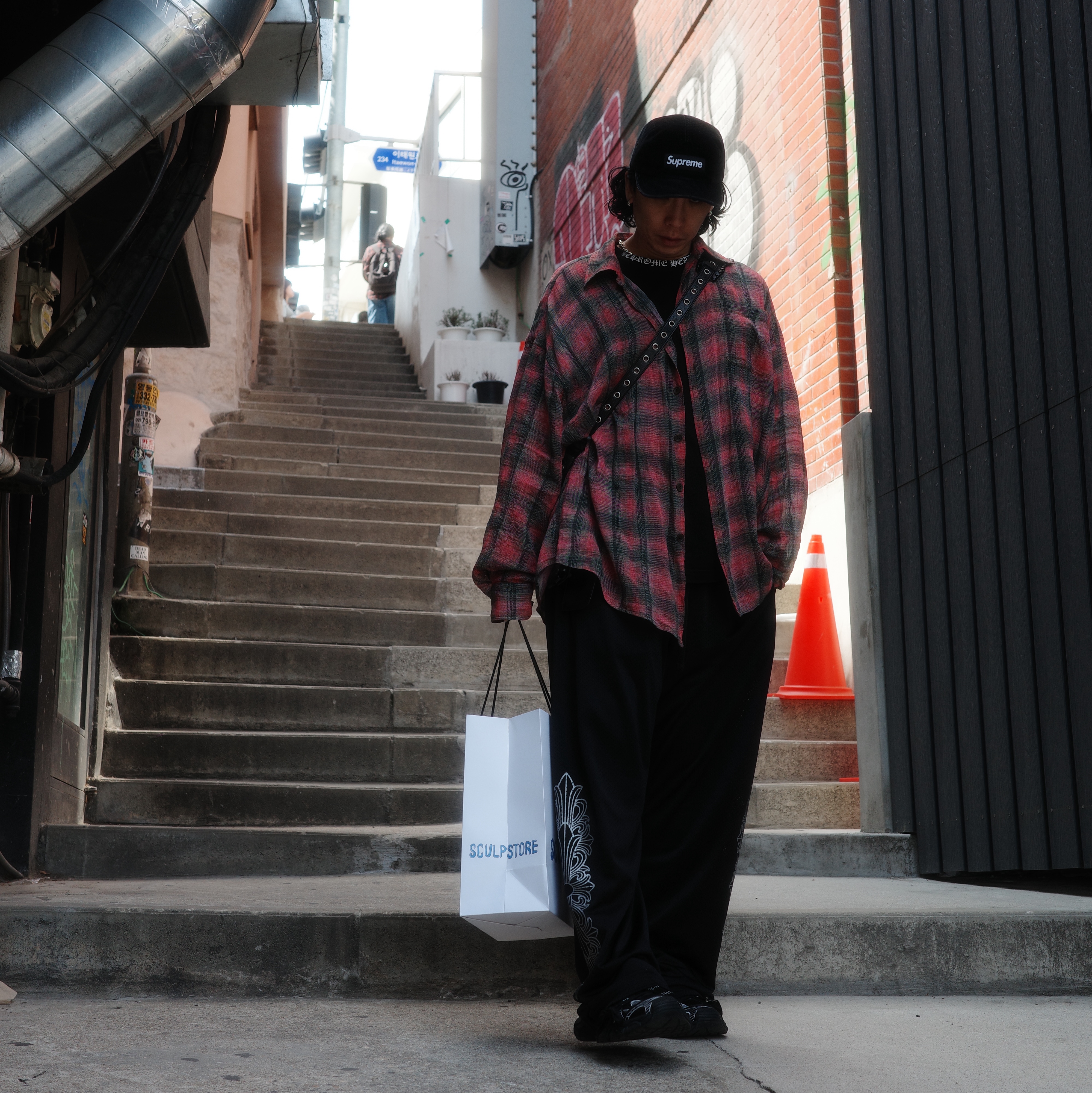Our Legacy Borrowed Shirt Big Lumbercheck Print, Chrome Hearts Mesh Varsity Pants Black 착용 스타일