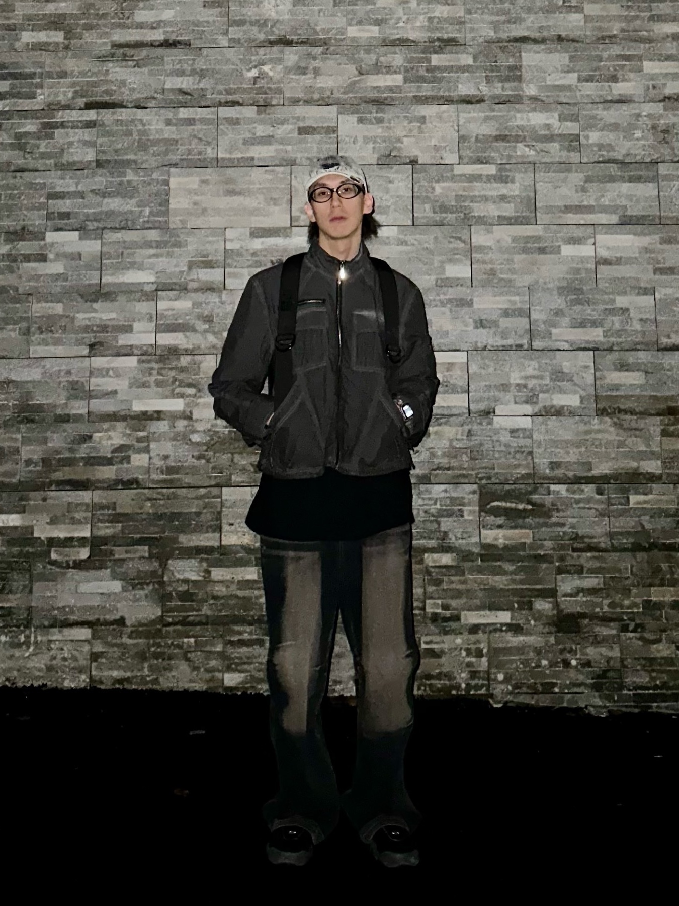 BLR Dyed Multi Pocket Nylon Work Jacket Grey, BLR Dusk Parachute Wide Denim Pants Blue 착용 스타일