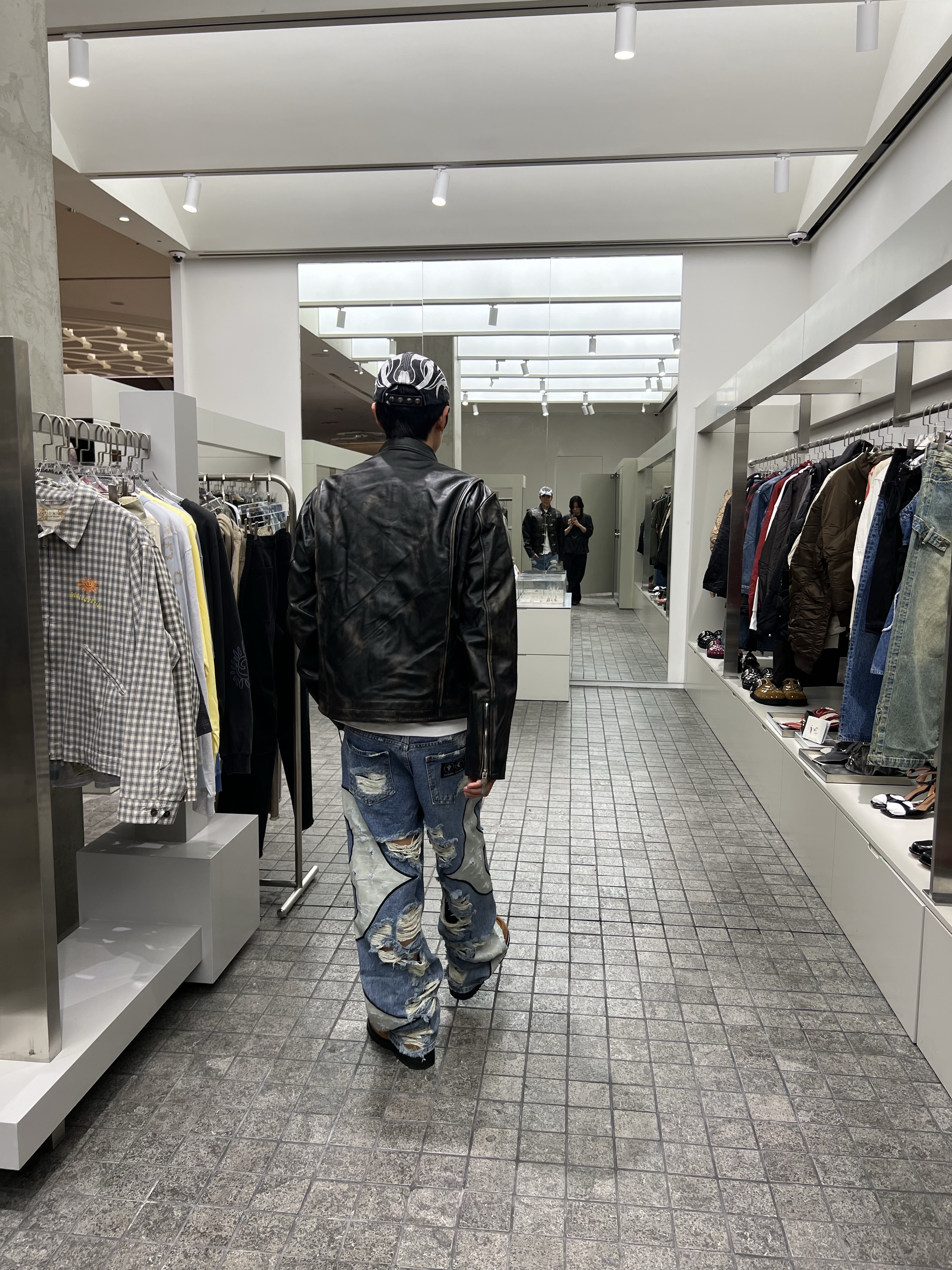Thug Club TC Leather Washing Denim Pants (War Ver.) Blue - 24FW, Thug Club Bio Soldier Leather Jacket Black - 24FW 착용 스타일 - 2