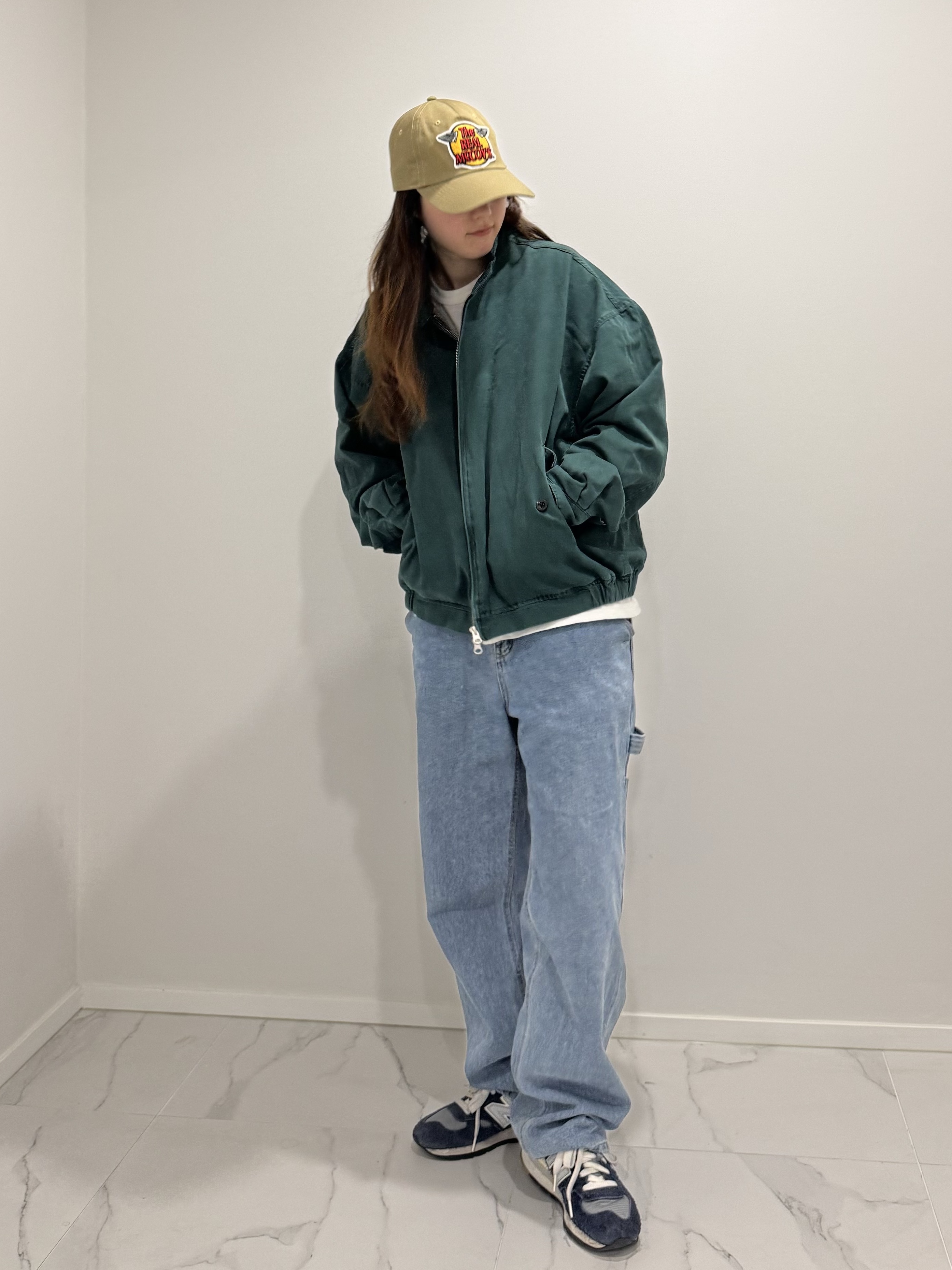QT8 GARMENTS TL Washed Oxford Harrington Jacket Dark Green, QT8 Garments TL Denim Carpenter Pant Blue 착용 스타일 - 2