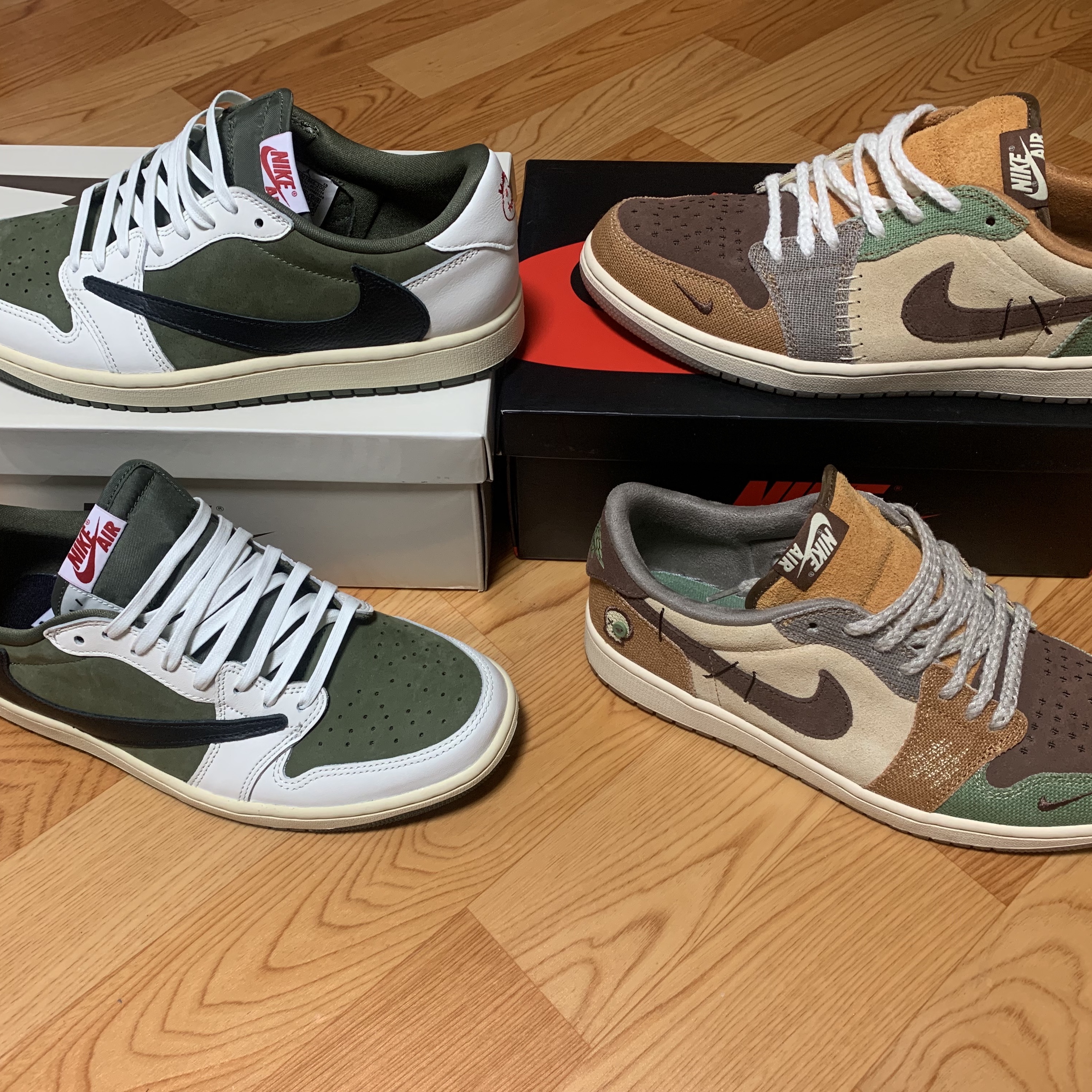 Jordan 1 x Travis Scott Retro Low OG SP Reverse Olive, Jordan 1 x Zion Williamson Retro Low OG Flax and Oil Green 착용 스타일