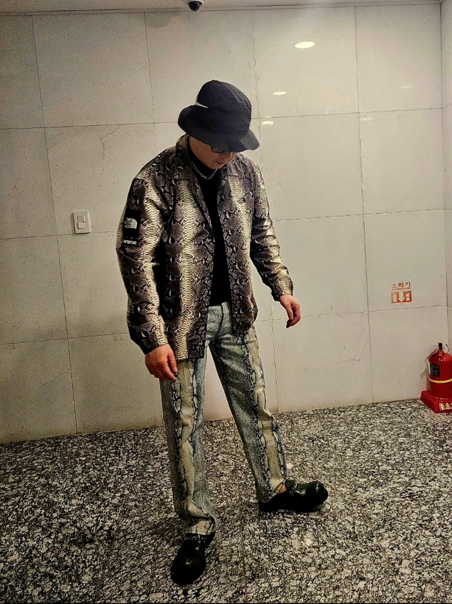 Supreme Regular Jean Snake - 24FW, Supreme x The North Face Snakeskin Taped Seam Coaches Jacket Black - 18SS 착용 스타일 - 1