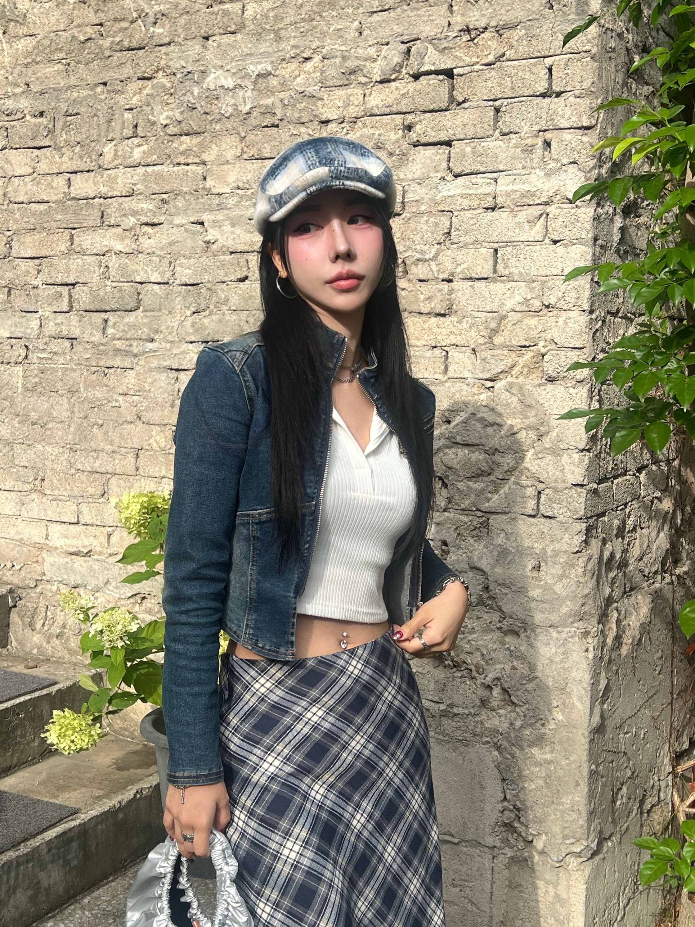 Allincomplete Tartan Check Hunting Cap Blue Check 착용 스타일 - 1