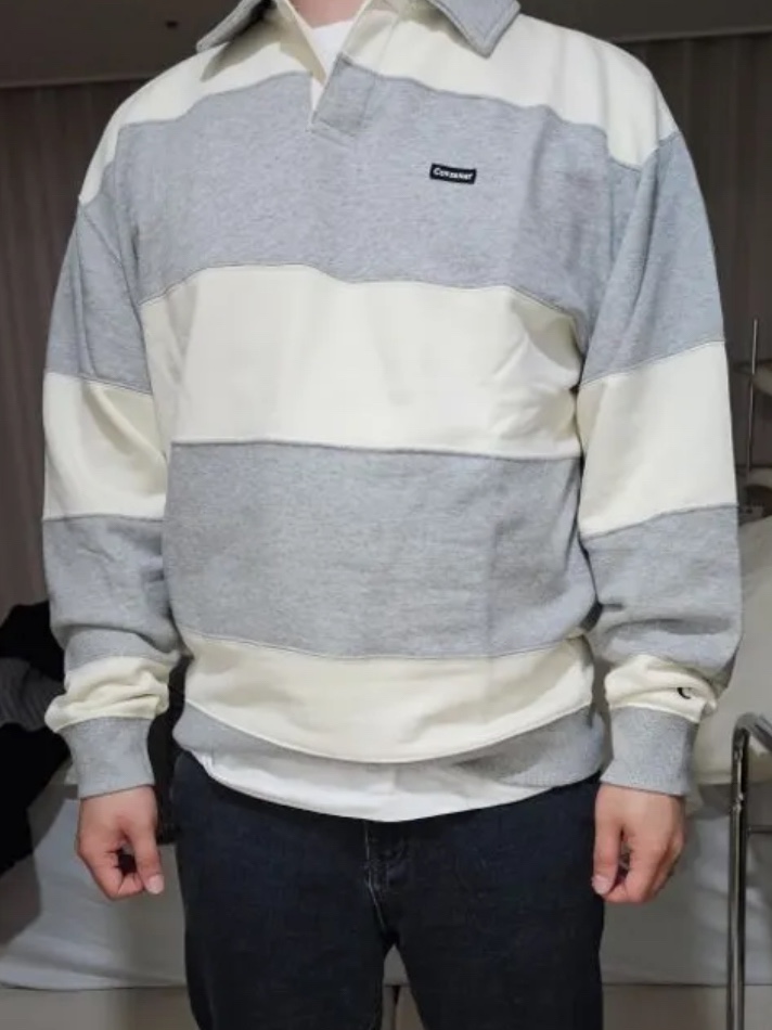 Covernat Stripe Rugby Sweatshirt Melange Grey 착용 스타일