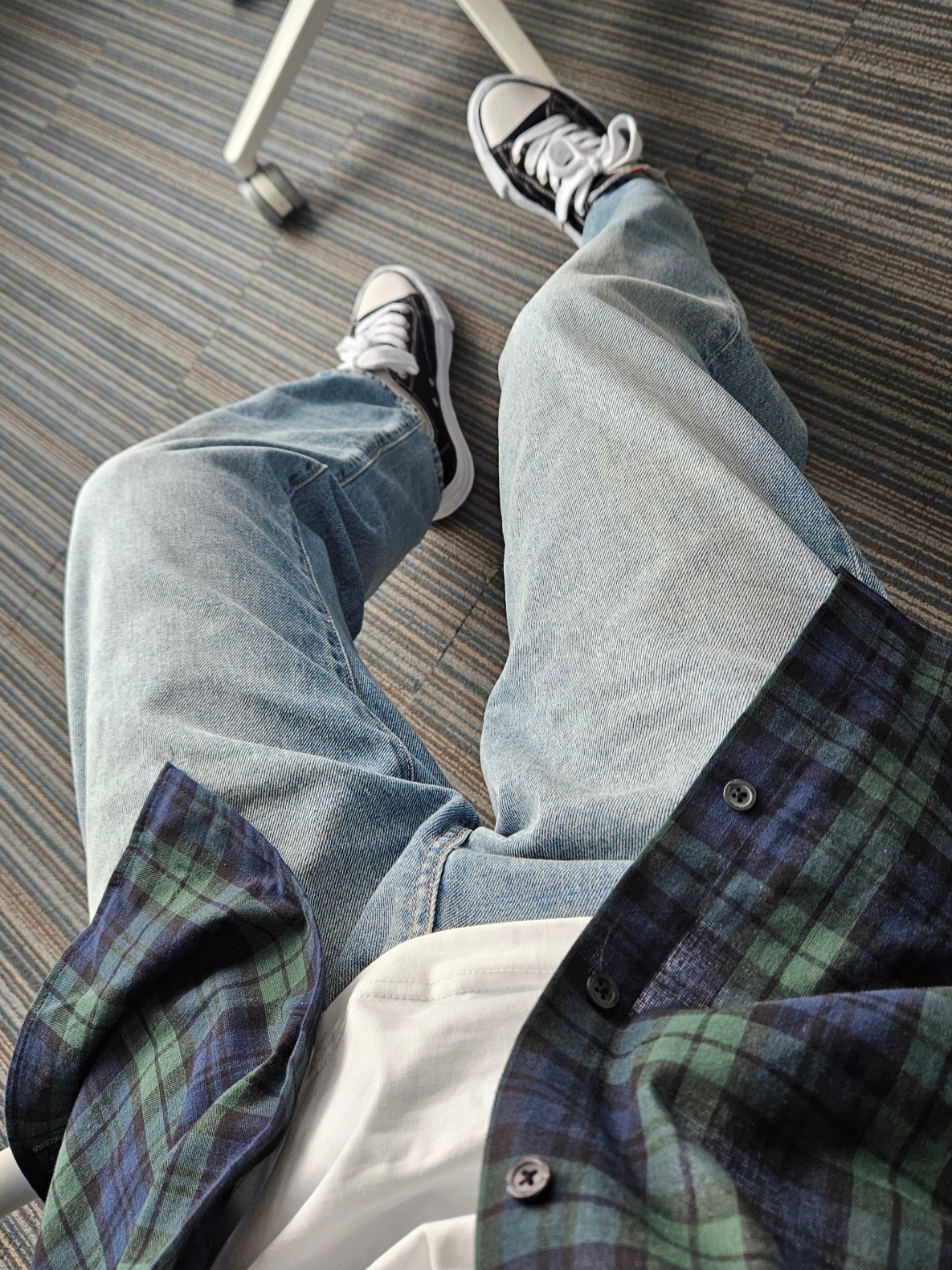 Maison Mihara Yasuhiro Peterson OG Sole Canvas Low Sneakers Black, IAB Studio Blackwatch Tartan Shirt Blue Green 착용 스타일