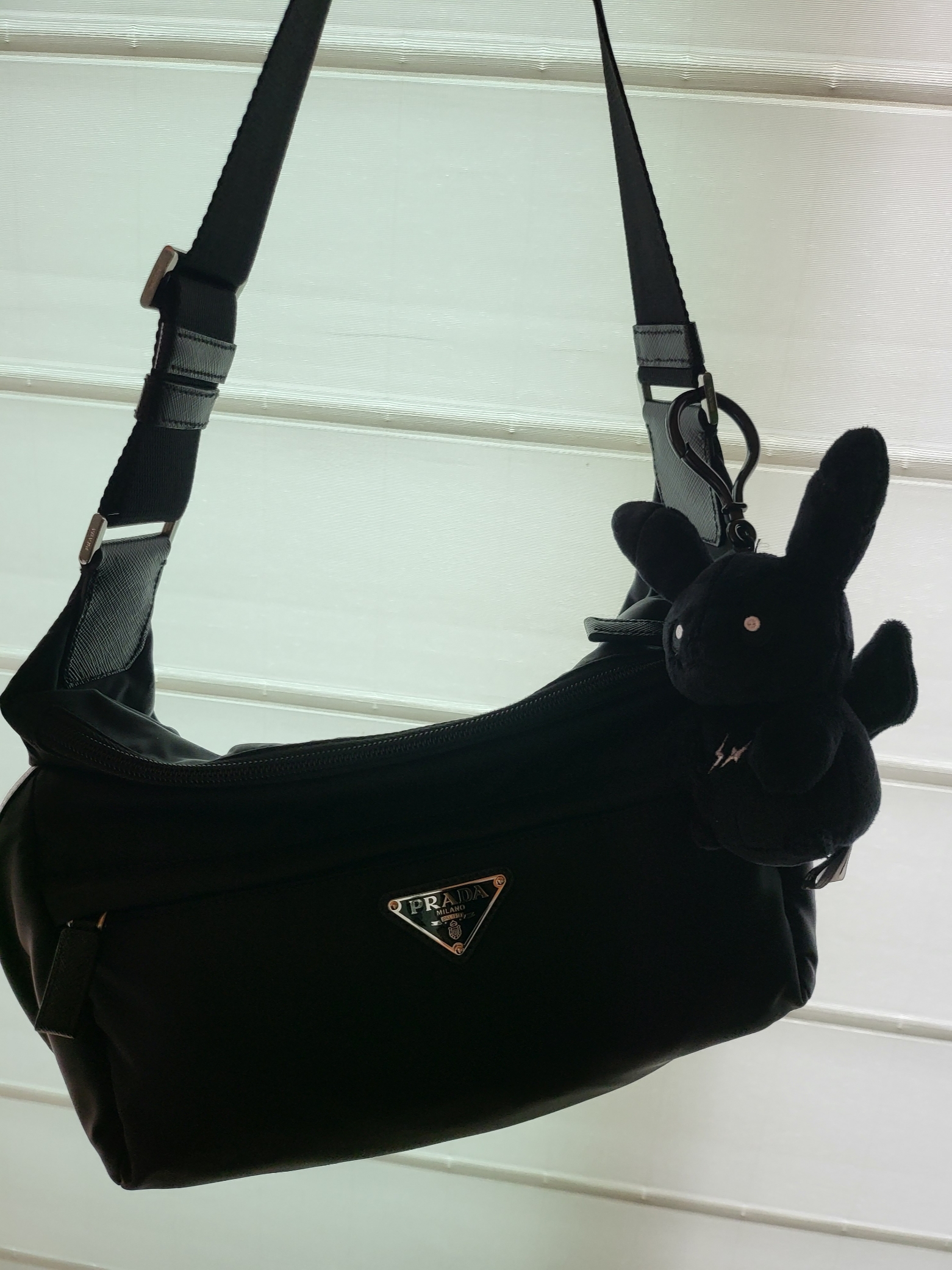 Prada Re-Nylon and Saffiano Leather Shoulder Bag Black, Fragment x Pokemon INN Thunderbolt Project TBP Mascot Key Ring Pikachu Black 착용 스타일