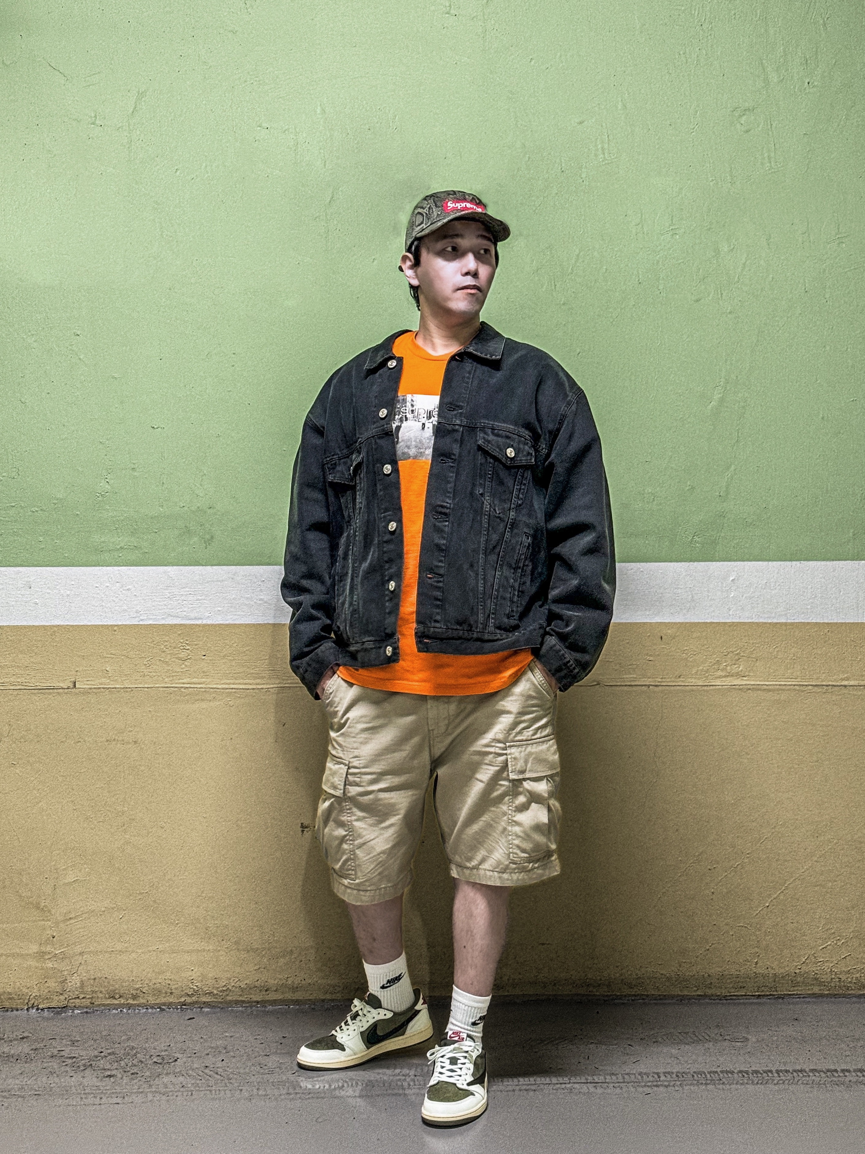 Supreme Washed Chino Twill Camp Cap Snake - 24SS, Supreme Crew 96 T-Shirt Orange - 24SS 착용 스타일