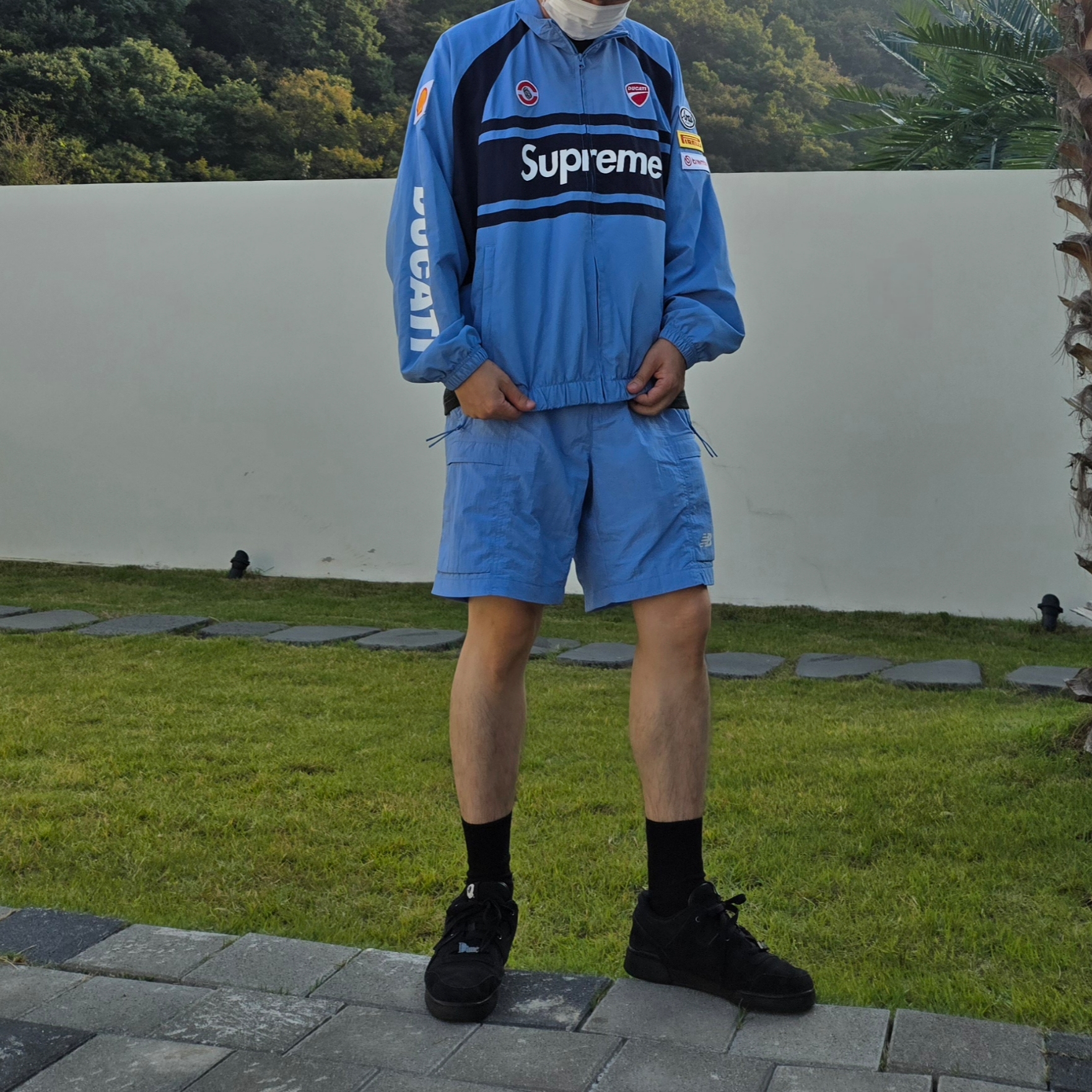 Supreme x Ducati Track Jacket Light Blue - 24SS, Reebok x Dime Workout Plus Core Black 착용 스타일 - 1