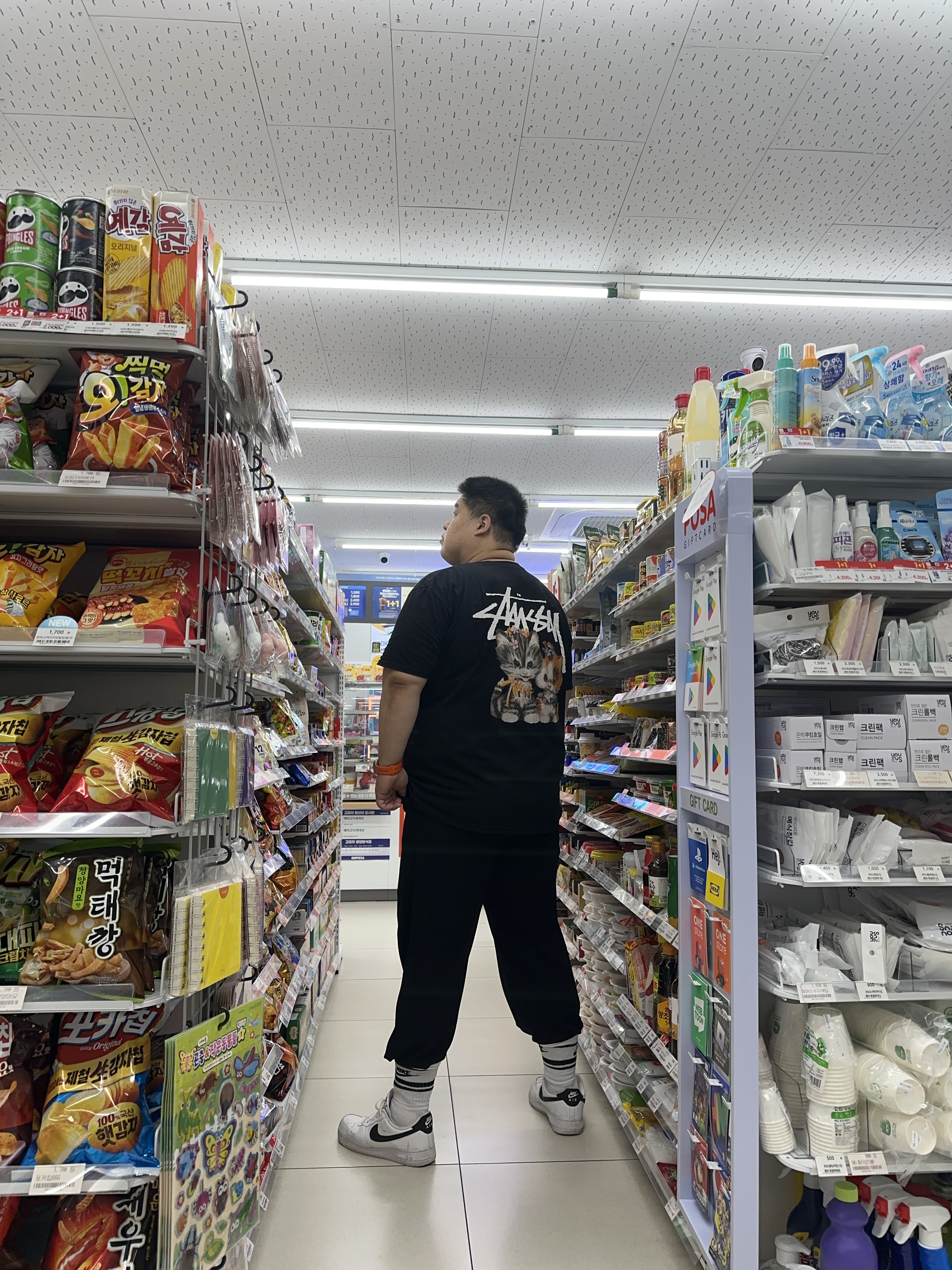 Stussy Kittens T-Shirt Black, Nike Air Force 1 '07 White Black 착용 스타일