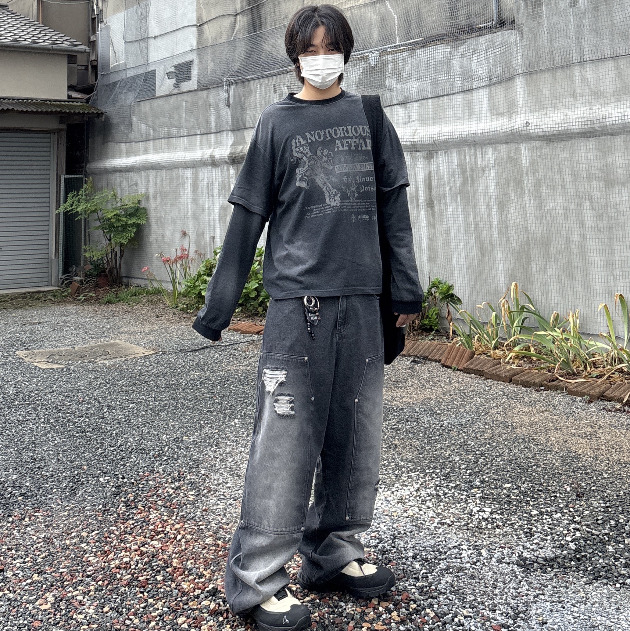 Flavorism Double Knee Carpenter Wide Denim Pants Black, Flavorism Fiction Layered Long Sleeve (TT0084) Black 착용 스타일