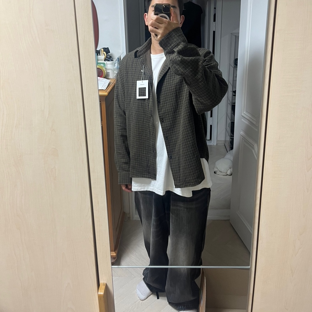 Nonnod Cropped Flexible String Check Shirt Brown, Nonnod Double Pocket Japanese Denim Washed Black 착용 스타일