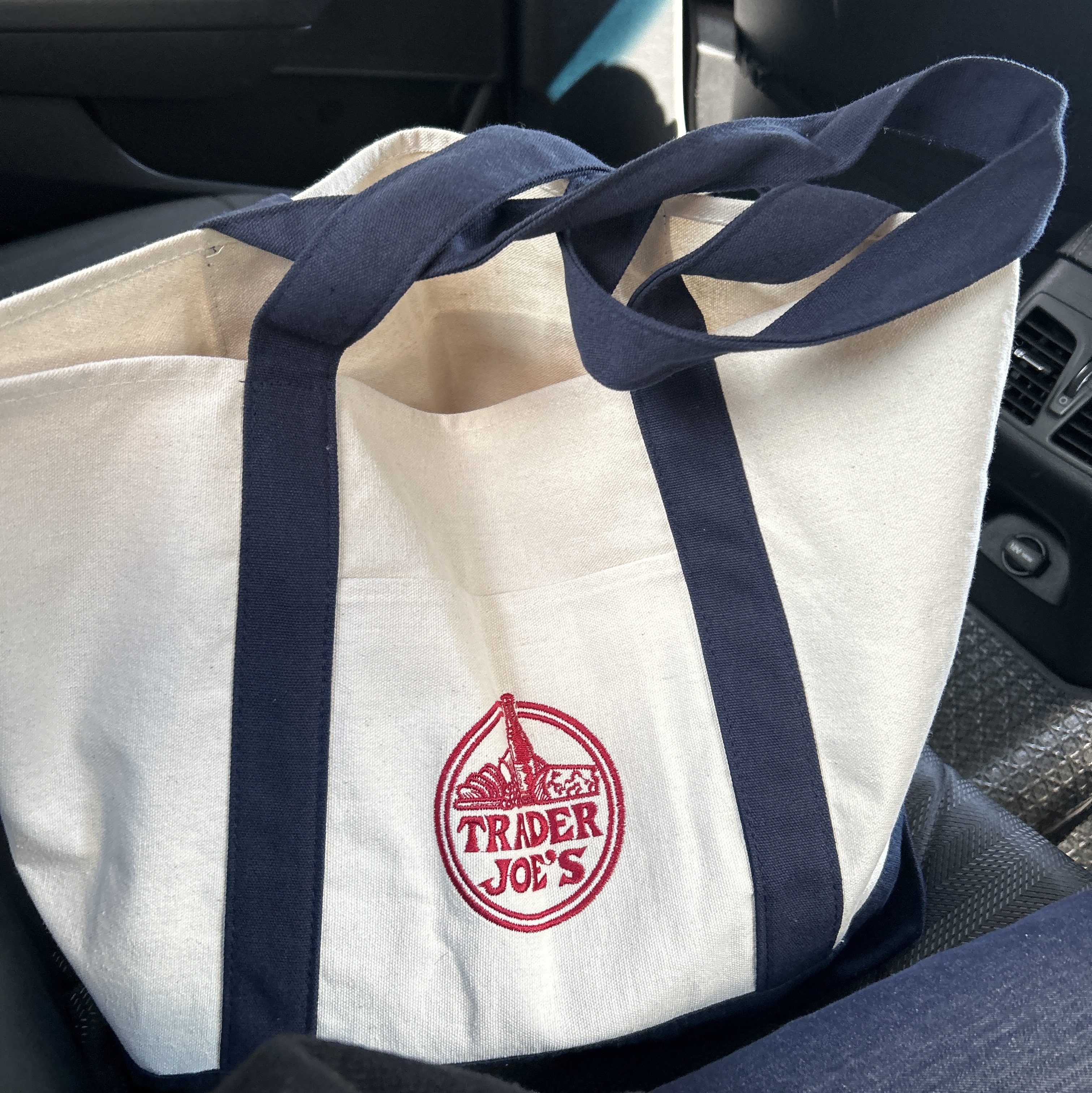 Trader Joe's Canvas Tote Bag Navy 착용 스타일
