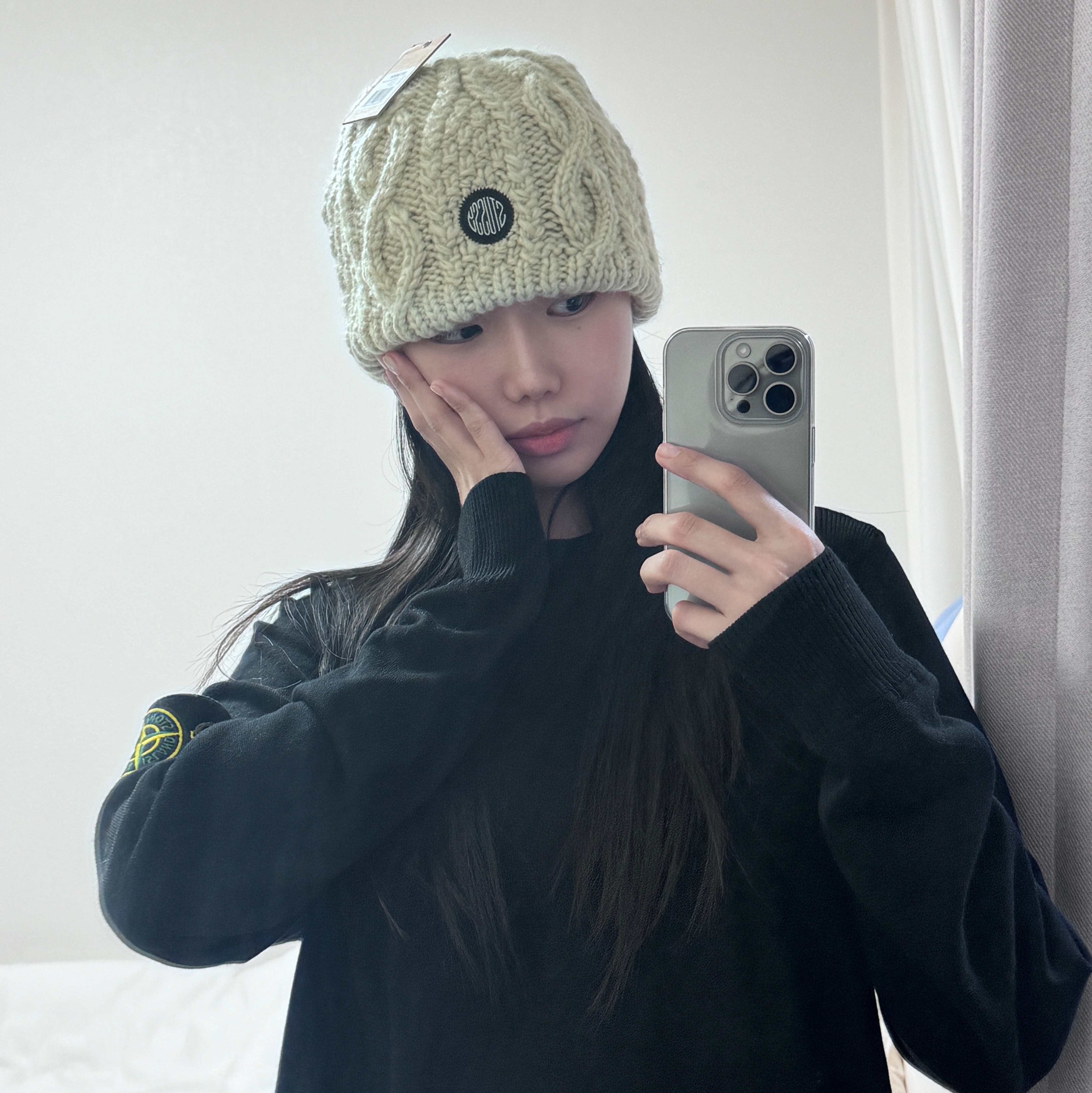 Stussy Skullcap Cable Knit Natural 착용 스타일