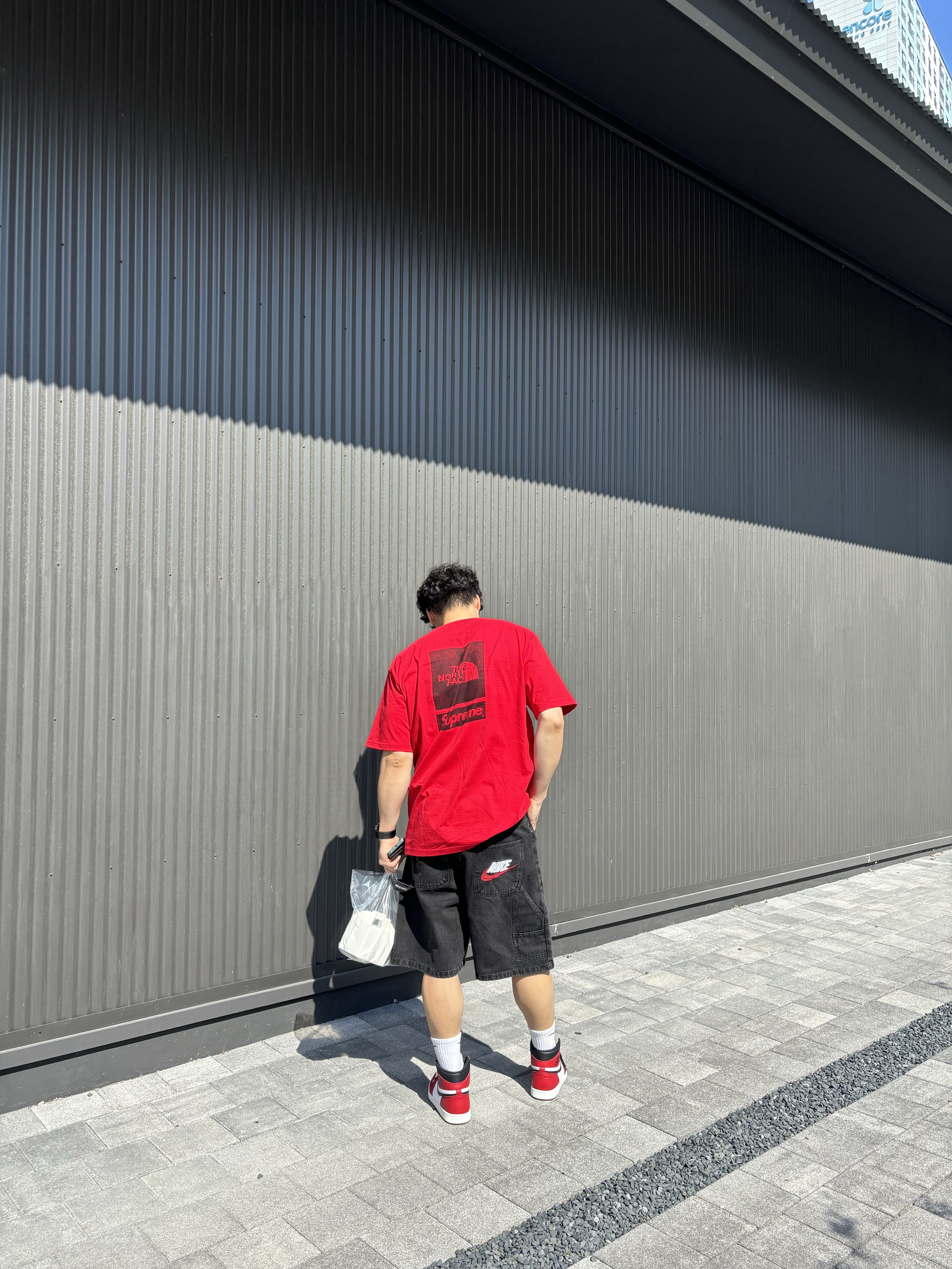 Supreme x Nike Denim Short Black - 24SS, Supreme x The North Face S/S Top Red - 24SS 착용 스타일