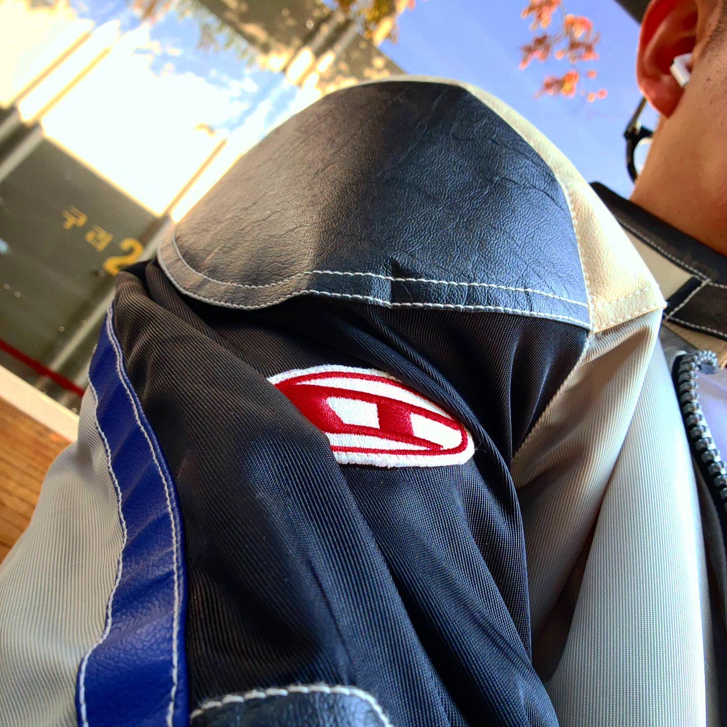 Diesel J-Kreator Biker Jacket in Colour-Block Nylon Black Grey 착용 스타일